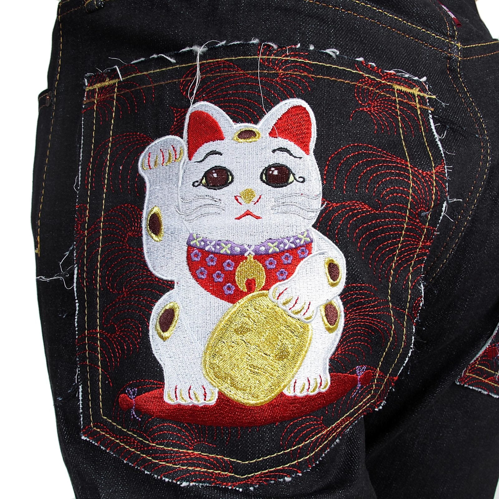 RMC MARTIN KSOHOH RQP14019 1011 SLIM CUT INDIGO RAW DENIM JEANS WITH LUCKY CAT MANEKI NEKO EMBROIDERY RMC4115