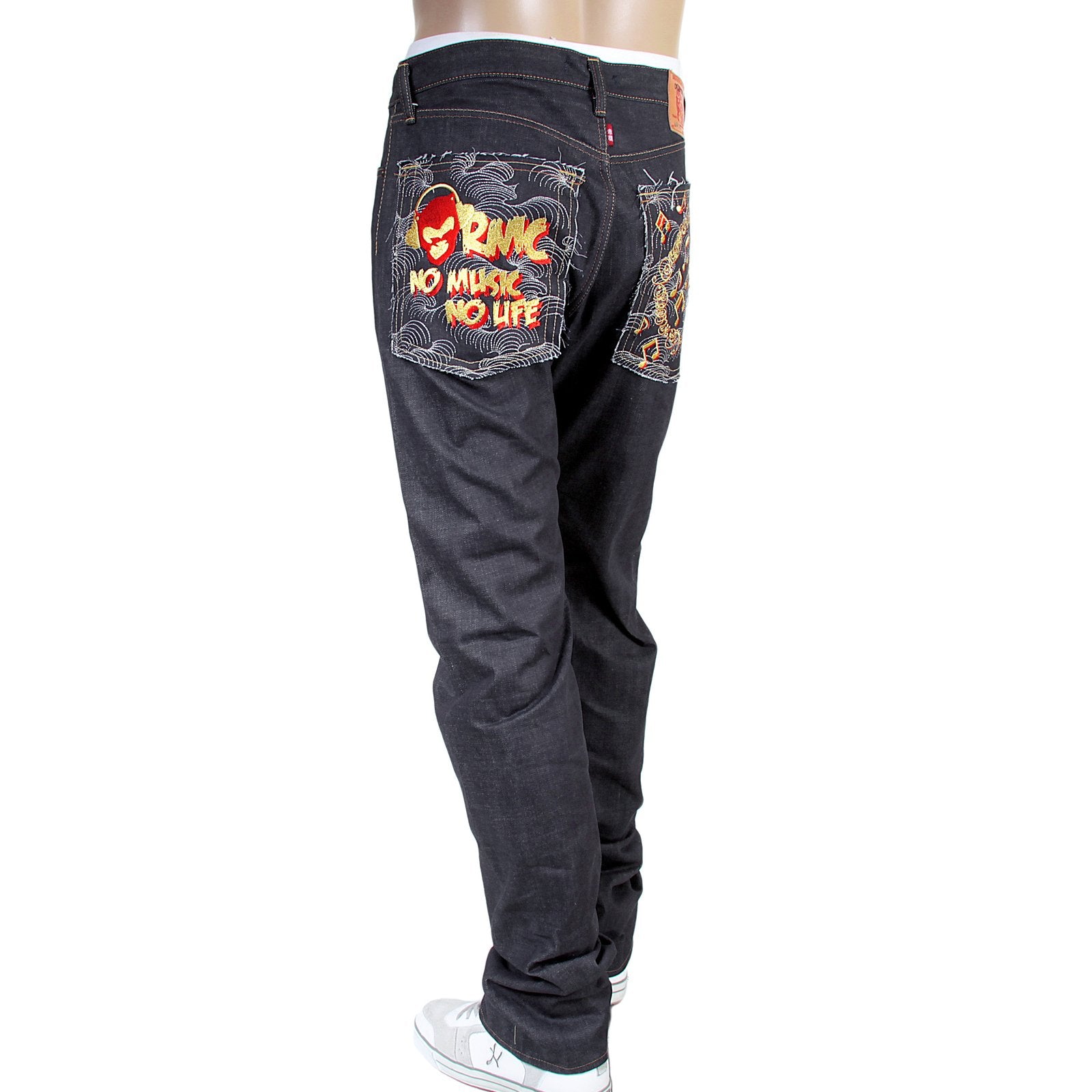 RMC JEANS NO MUSIC NO LIFE EMBROIDERED 1011 MODEL INDIGO JAPANESE RAW SELVEDGE DENIM JEANS RMC4125