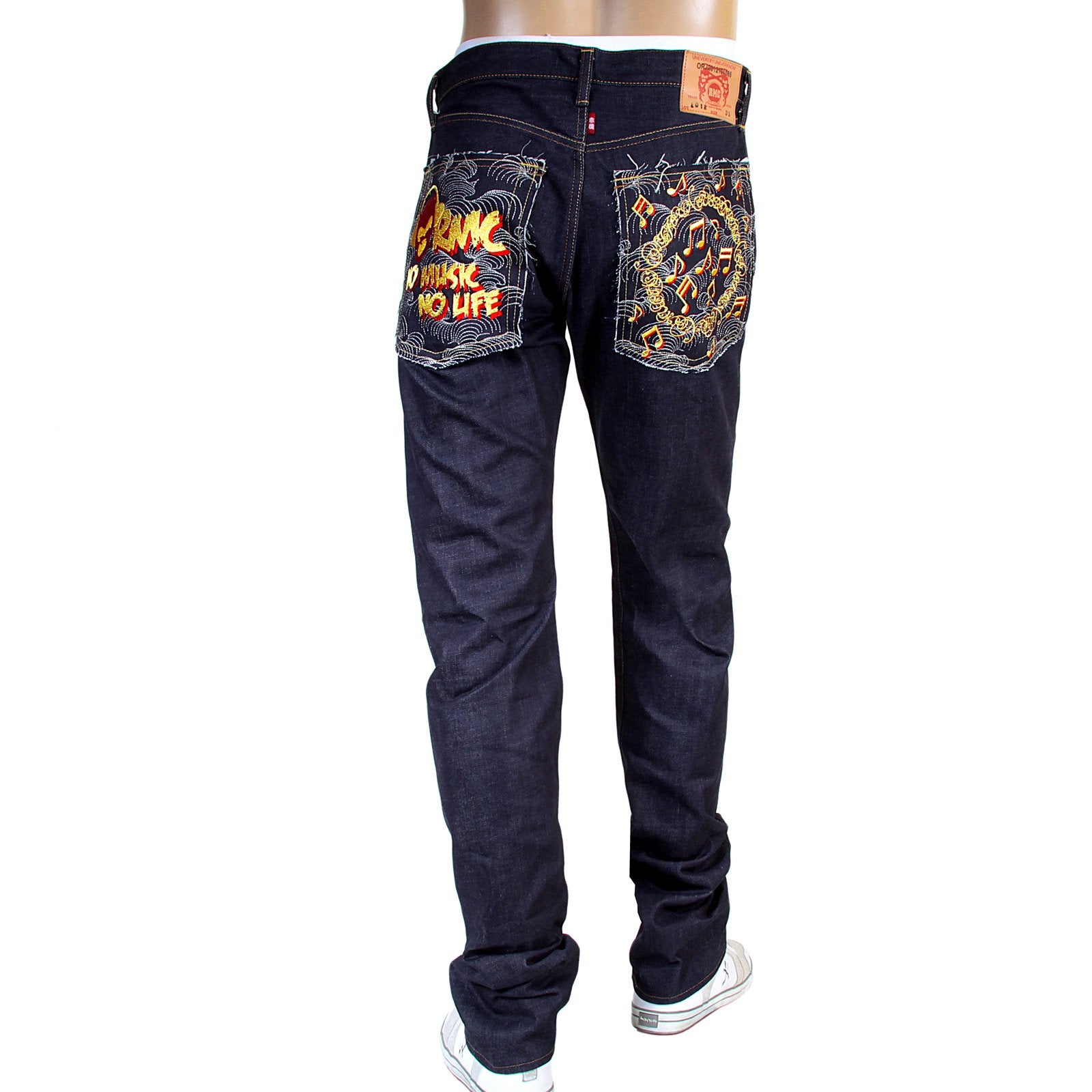 RMC JEANS NO MUSIC NO LIFE EMBROIDERED 1011 MODEL INDIGO JAPANESE RAW SELVEDGE DENIM JEANS RMC4125