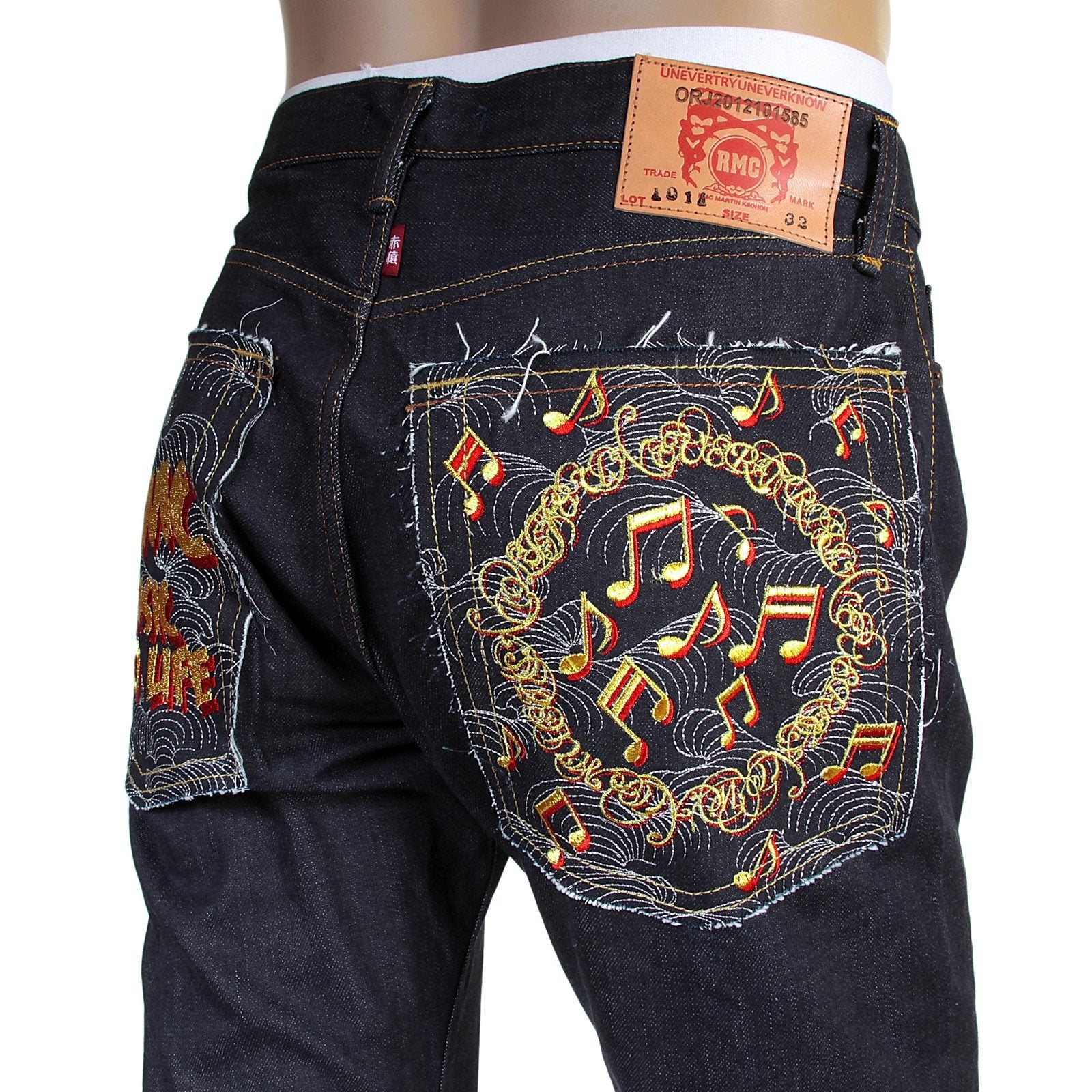 RMC JEANS NO MUSIC NO LIFE EMBROIDERED 1011 MODEL INDIGO JAPANESE RAW SELVEDGE DENIM JEANS RMC4125