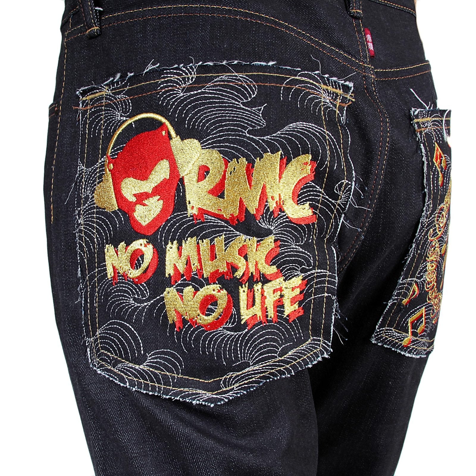 RMC JEANS NO MUSIC NO LIFE EMBROIDERED 1011 MODEL INDIGO JAPANESE RAW SELVEDGE DENIM JEANS RMC4125