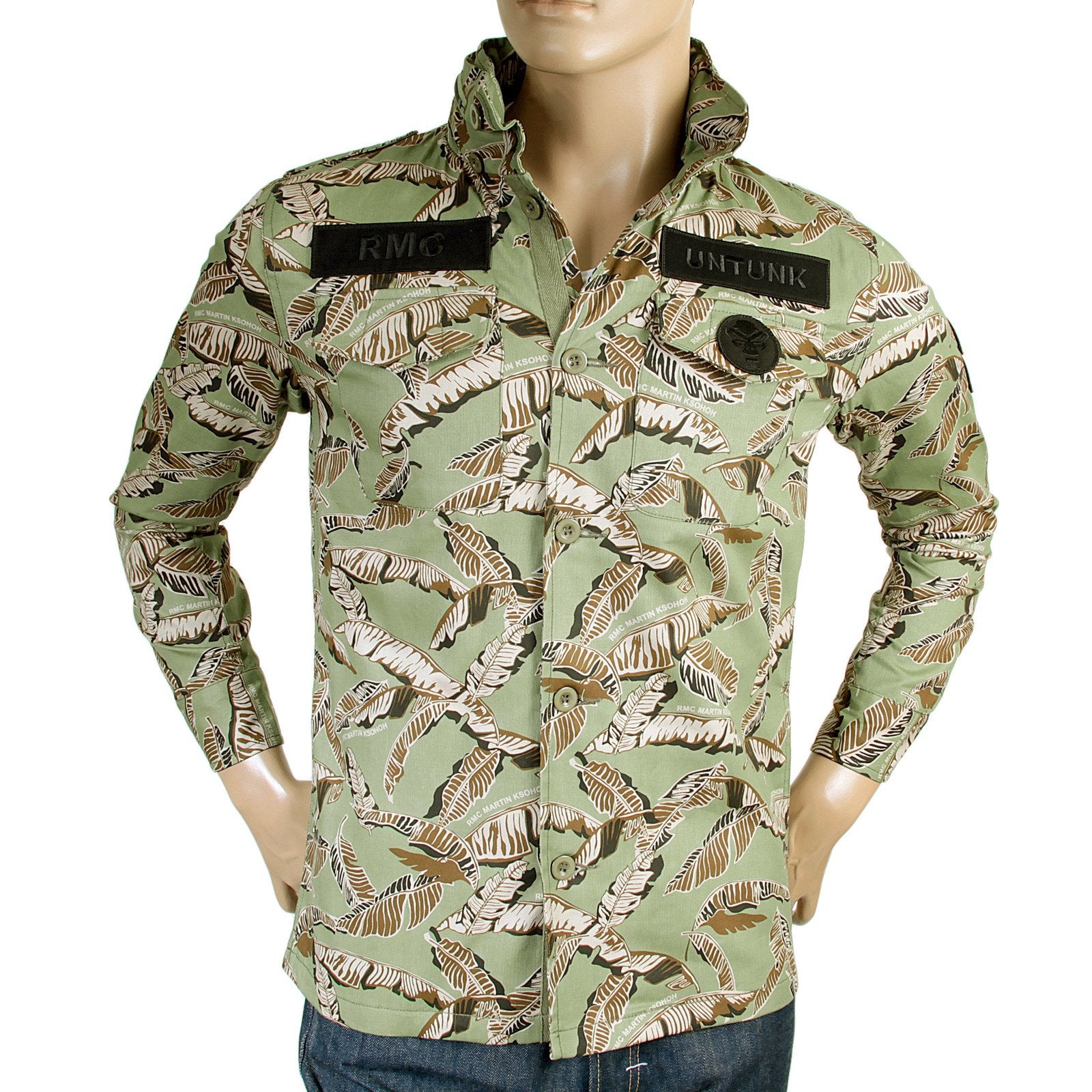RMC JEANS MENS RQJ14001 HOODED REGULAR FIT COTTON GREEN LEAF CAMO FIELD JACKET REDM4132