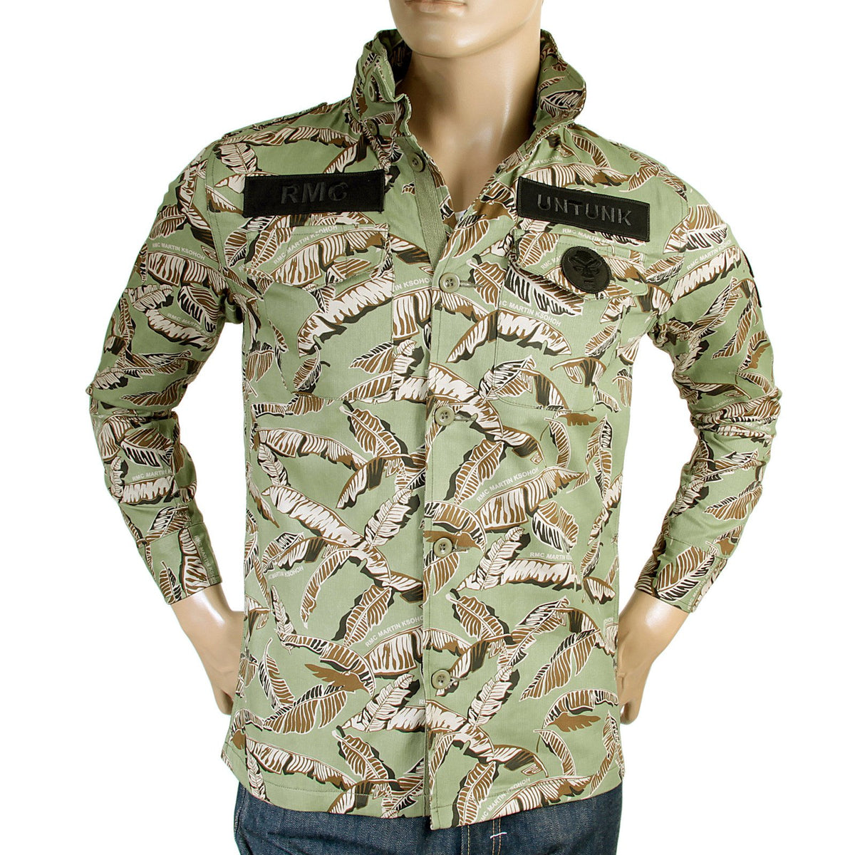 RMC JEANS MENS RQJ14001 HOODED REGULAR FIT COTTON GREEN LEAF CAMO FIELD JACKET REDM4132