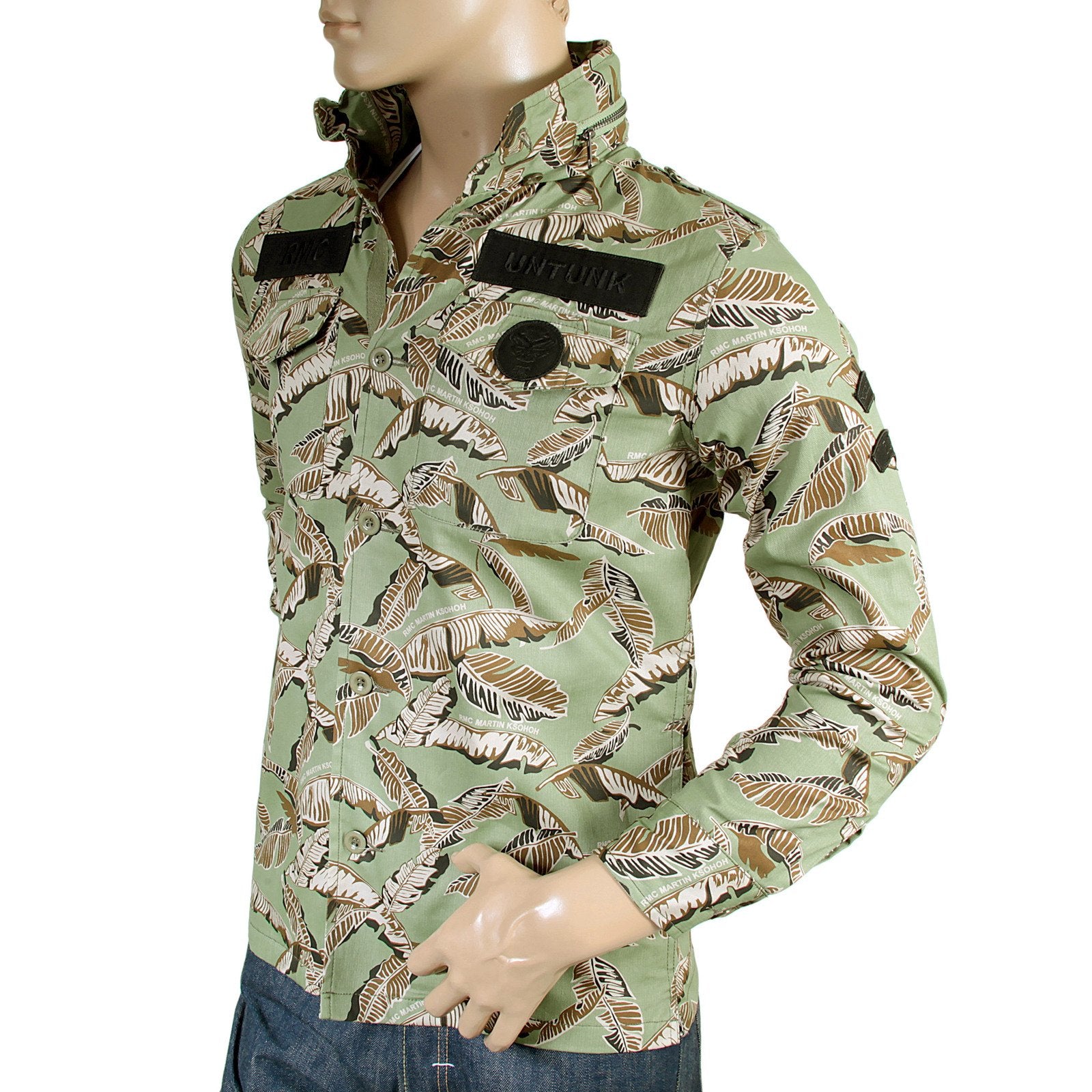 RMC JEANS MENS RQJ14001 HOODED REGULAR FIT COTTON GREEN LEAF CAMO FIELD JACKET REDM4132