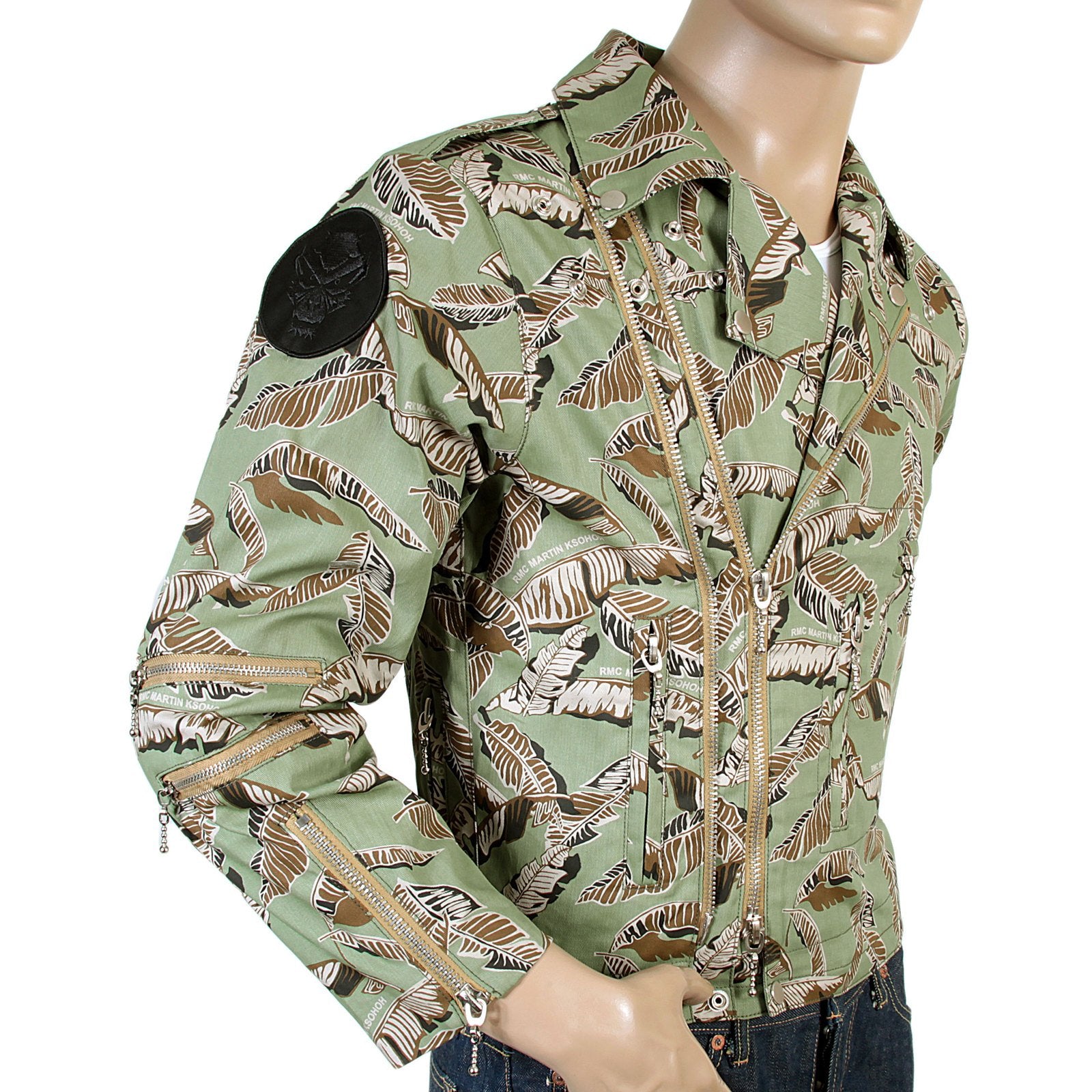RMC MARTIN KSOHOH COTTON REGULAR FIT GREEN LEAF PATTERN RQZ14008 ZIP FRONT BIKER JACKET REDM4130