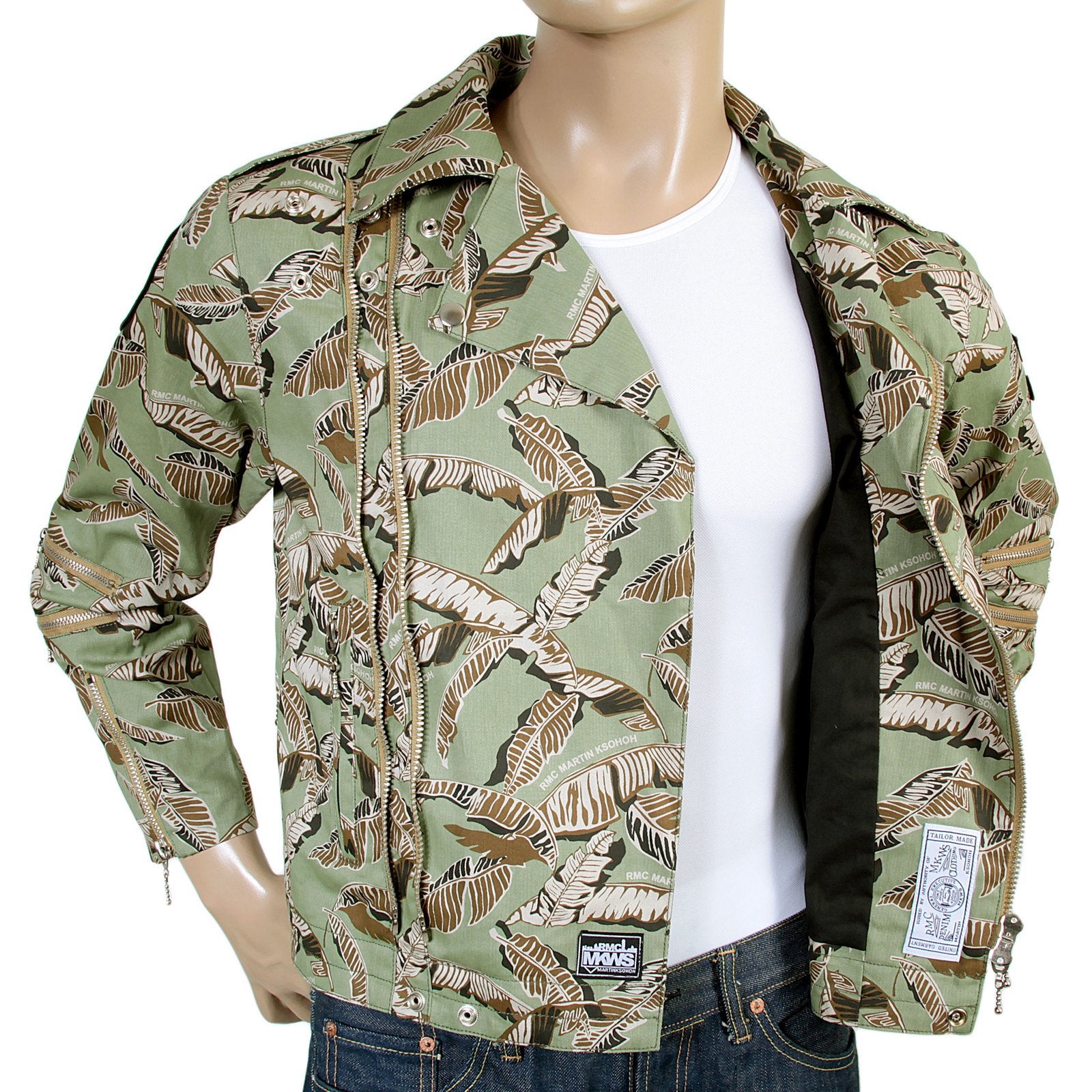 RMC MARTIN KSOHOH COTTON REGULAR FIT GREEN LEAF PATTERN RQZ14008 ZIP FRONT BIKER JACKET REDM4130