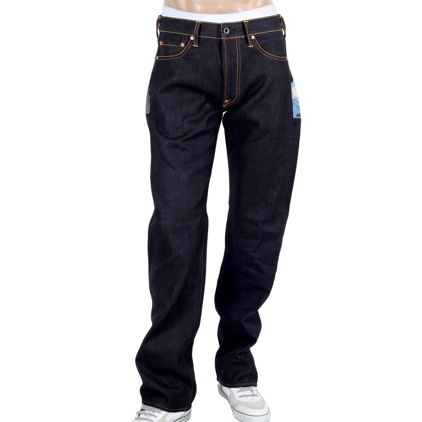 RMC JEANS DARK INDIGO LIMITED PRODUCTION TOYO STORY FISHERMAN EMBROIDERED RAW VINTAGE SELVEDGE JEANS REDM9072