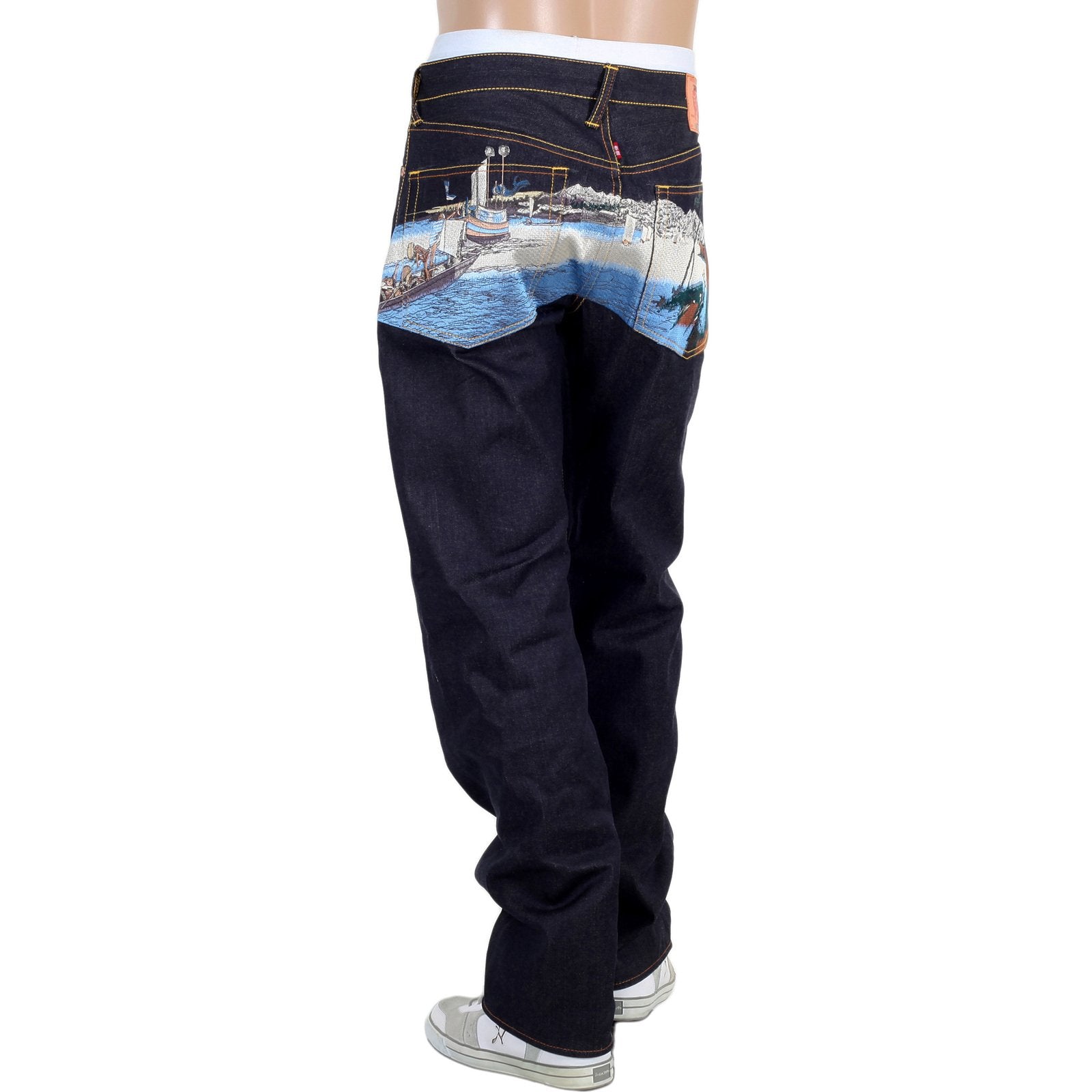 RMC JEANS DARK INDIGO LIMITED PRODUCTION TOYO STORY FISHERMAN EMBROIDERED RAW VINTAGE SELVEDGE JEANS REDM9072