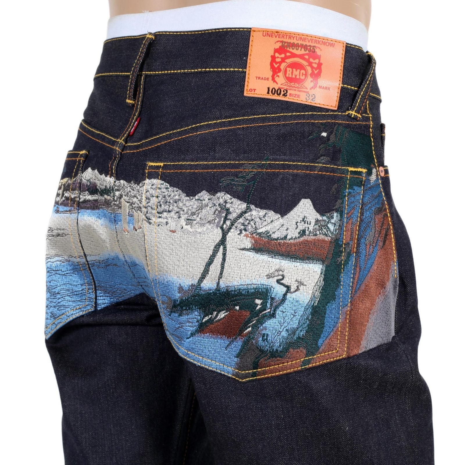 RMC JEANS DARK INDIGO LIMITED PRODUCTION TOYO STORY FISHERMAN EMBROIDERED RAW VINTAGE SELVEDGE JEANS REDM9072