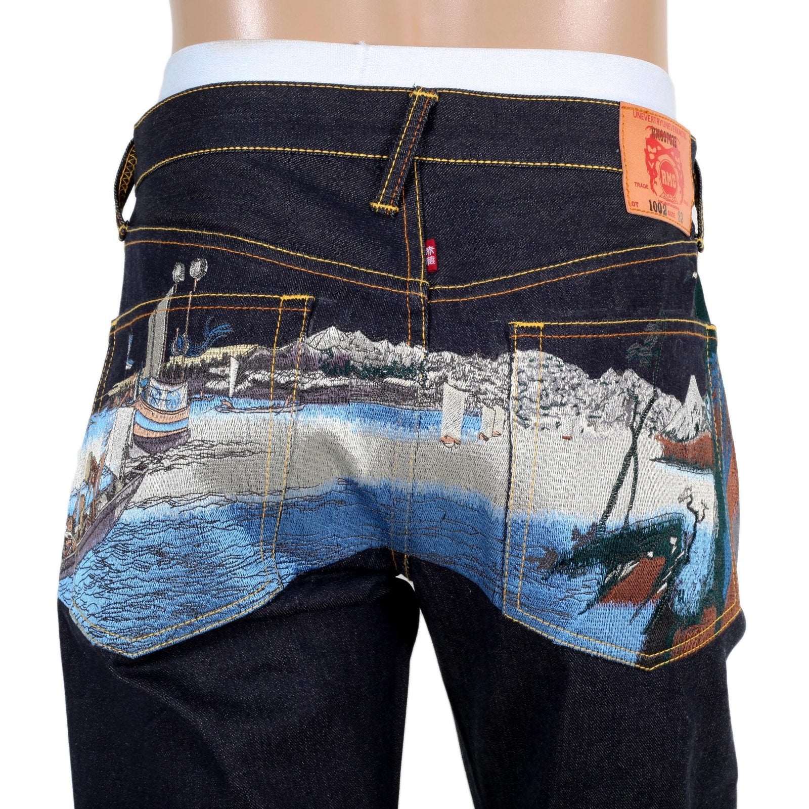 RMC JEANS DARK INDIGO LIMITED PRODUCTION TOYO STORY FISHERMAN EMBROIDERED RAW VINTAGE SELVEDGE JEANS REDM9072