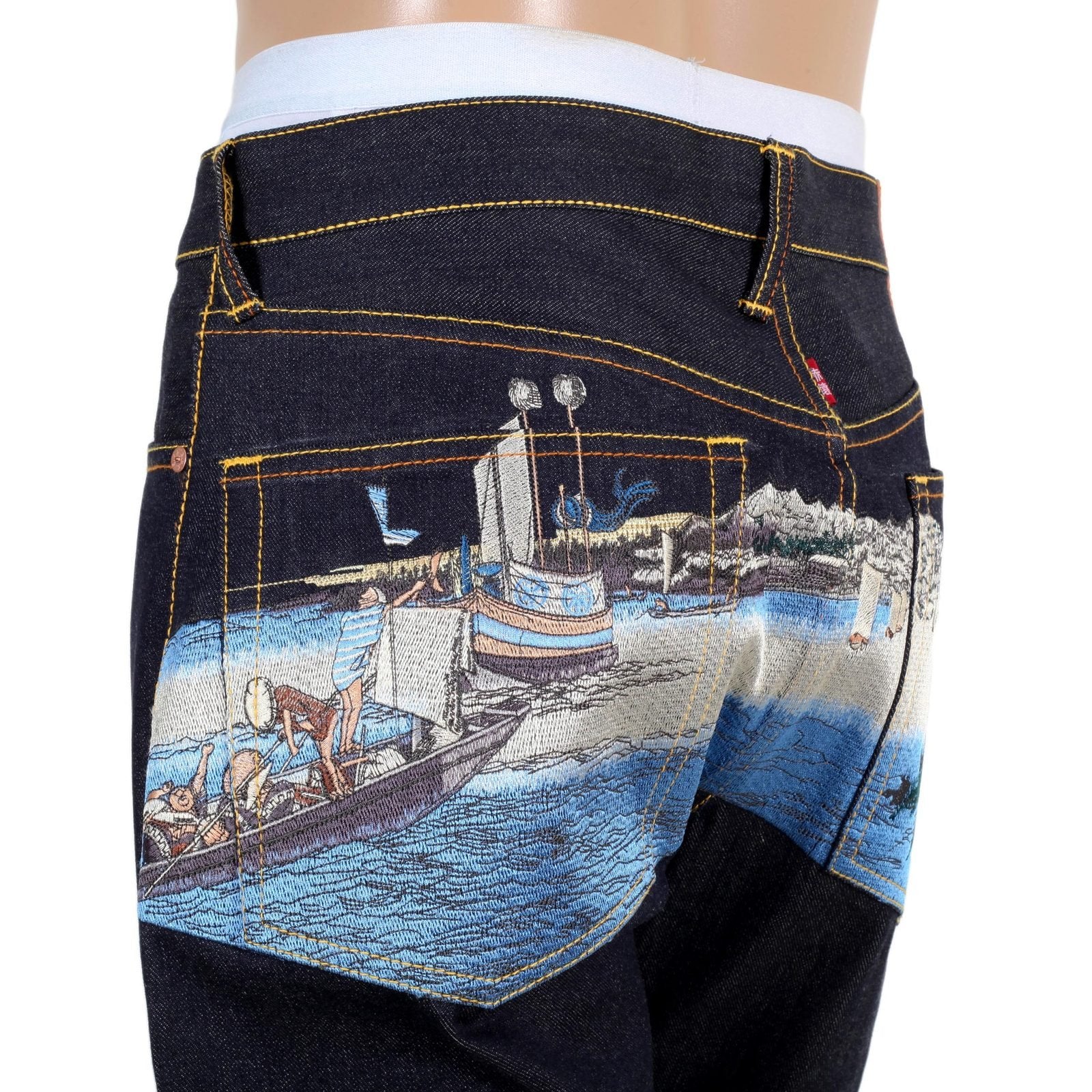 RMC JEANS DARK INDIGO LIMITED PRODUCTION TOYO STORY FISHERMAN EMBROIDERED RAW VINTAGE SELVEDGE JEANS REDM9072