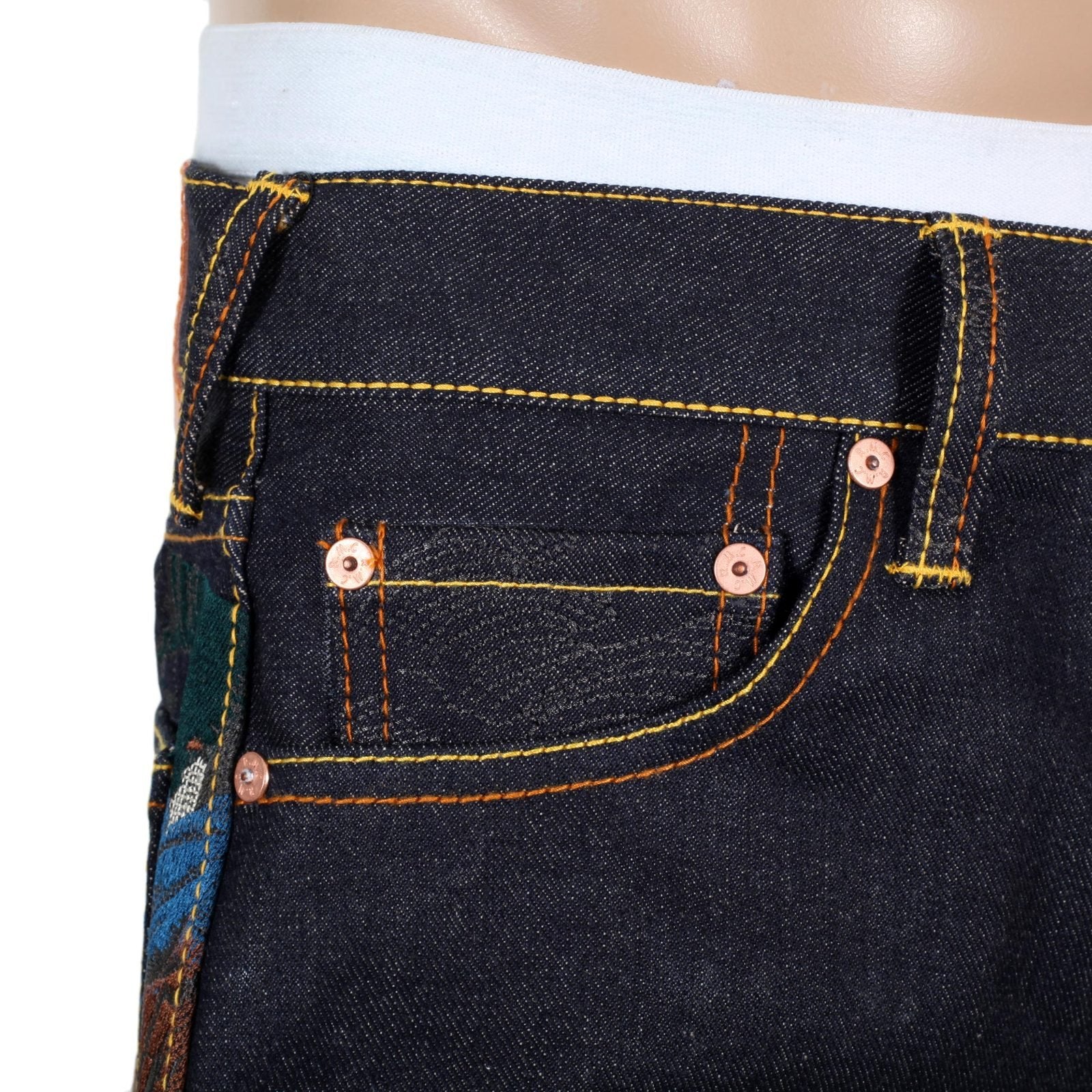RMC JEANS DARK INDIGO LIMITED PRODUCTION TOYO STORY FISHERMAN EMBROIDERED RAW VINTAGE SELVEDGE JEANS REDM9072