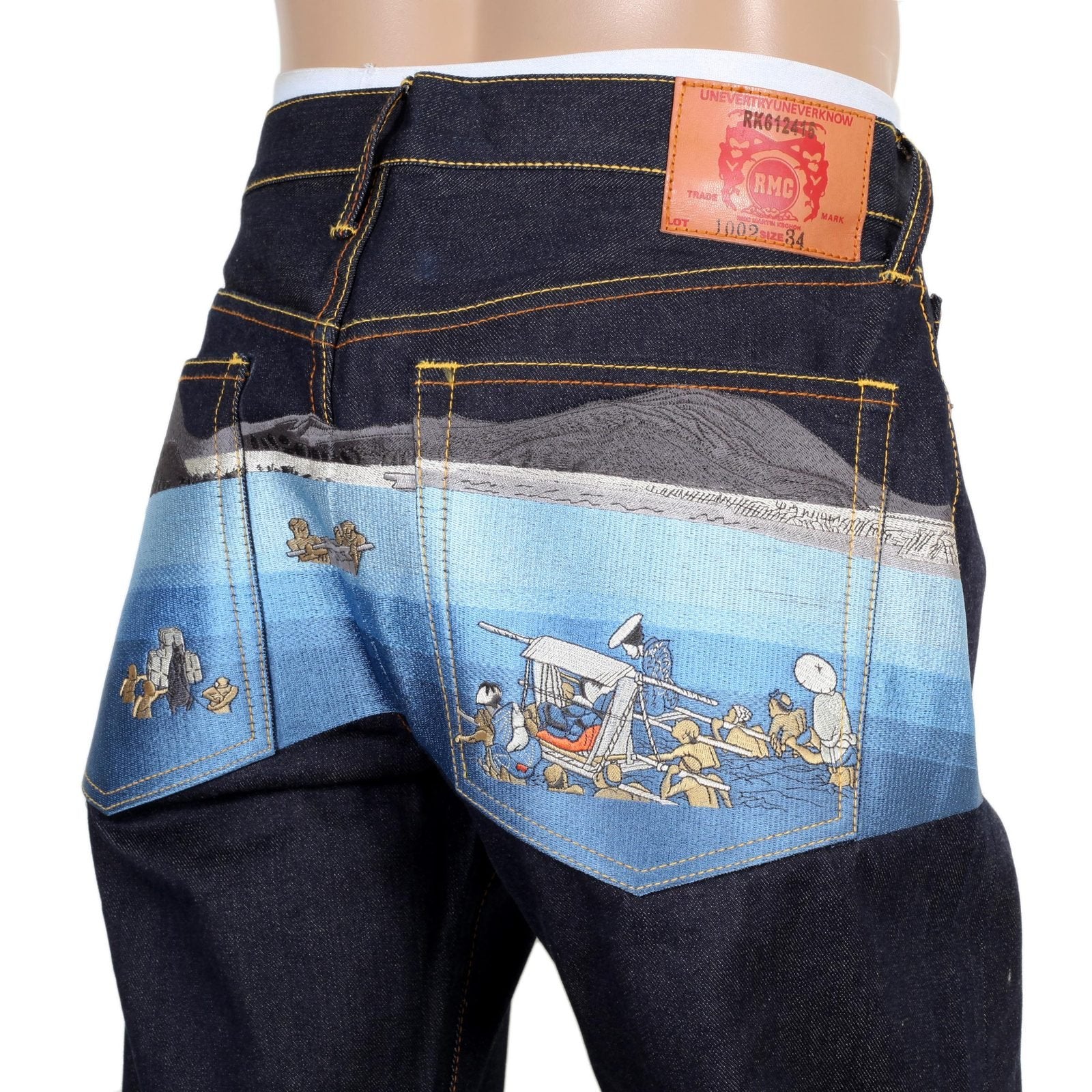 RMC JEANS DARK INDIGO GENUINE SUPER EXCLUSIVE TOYO STORY THE SEA EMBROIDERED VINTAGE RAW SELVEDGE JEANS REDM9079