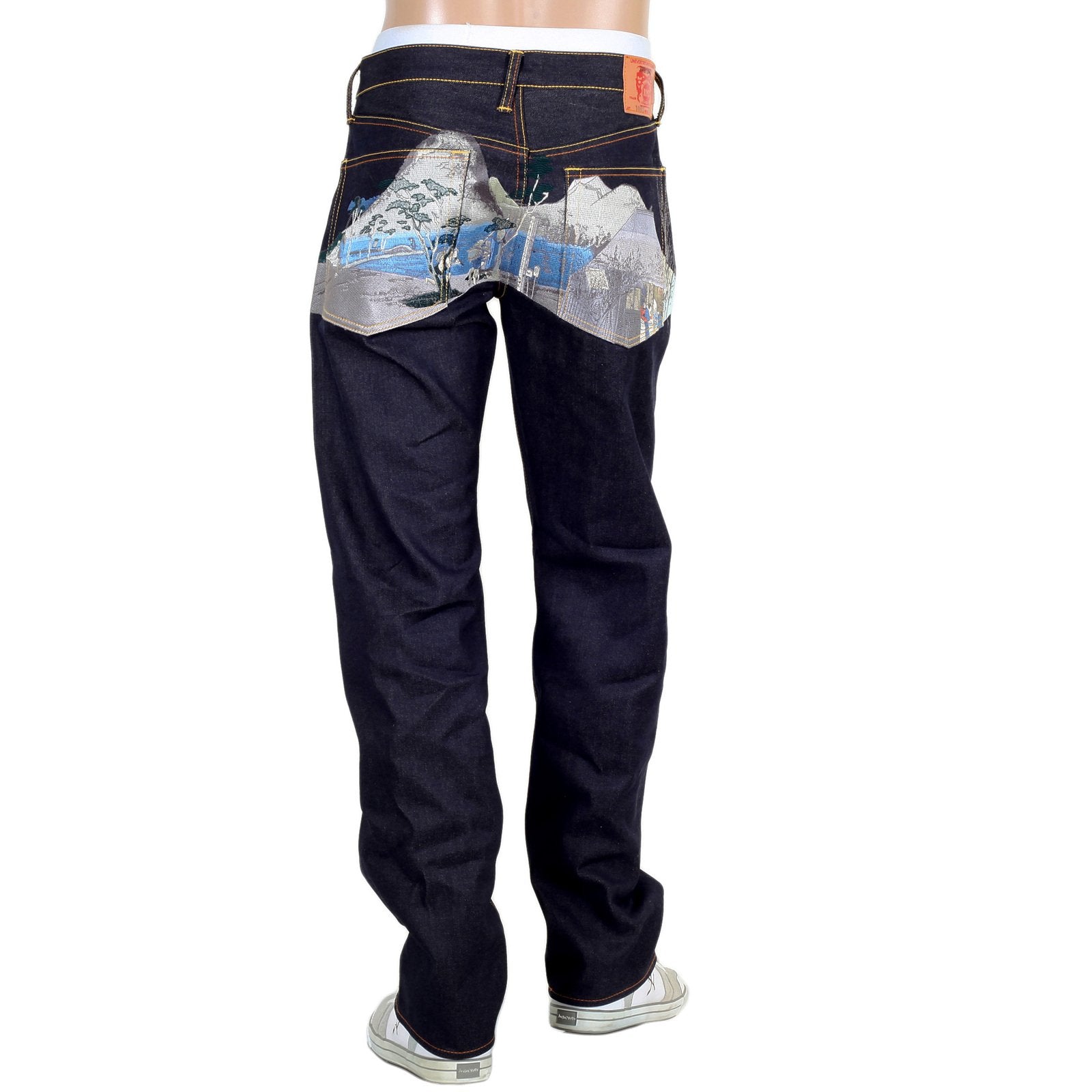 RMC JEANS DARK INDIGO SUPER EXCLUSIVE TOYO STORY TOKAIDO VILLAGE EMBROIDERED VINTAGE RAW SELVEDGE JEANS REDM9080