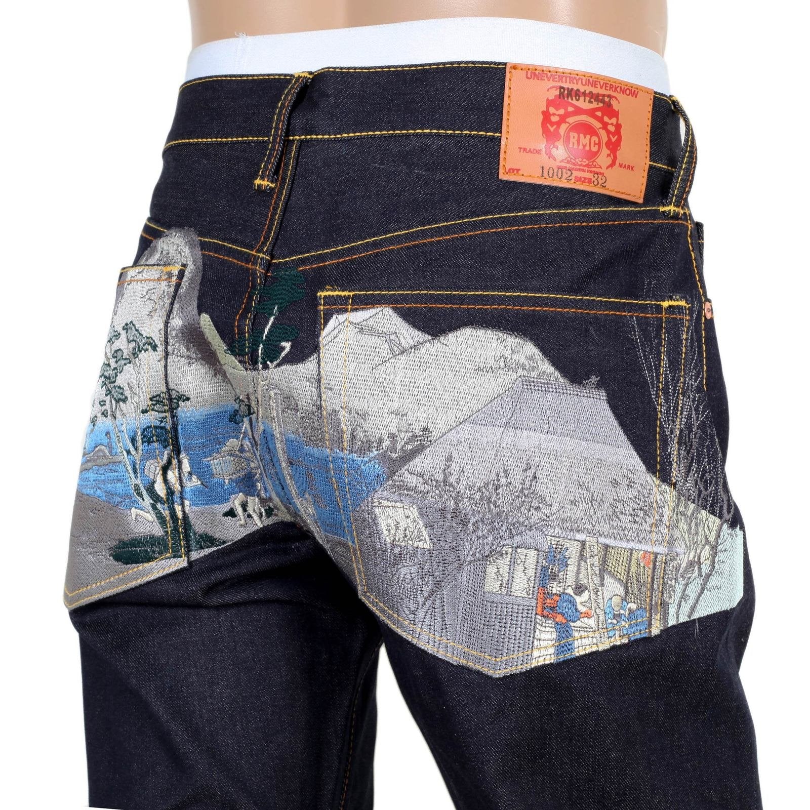 RMC JEANS DARK INDIGO SUPER EXCLUSIVE TOYO STORY TOKAIDO VILLAGE EMBROIDERED VINTAGE RAW SELVEDGE JEANS REDM9080