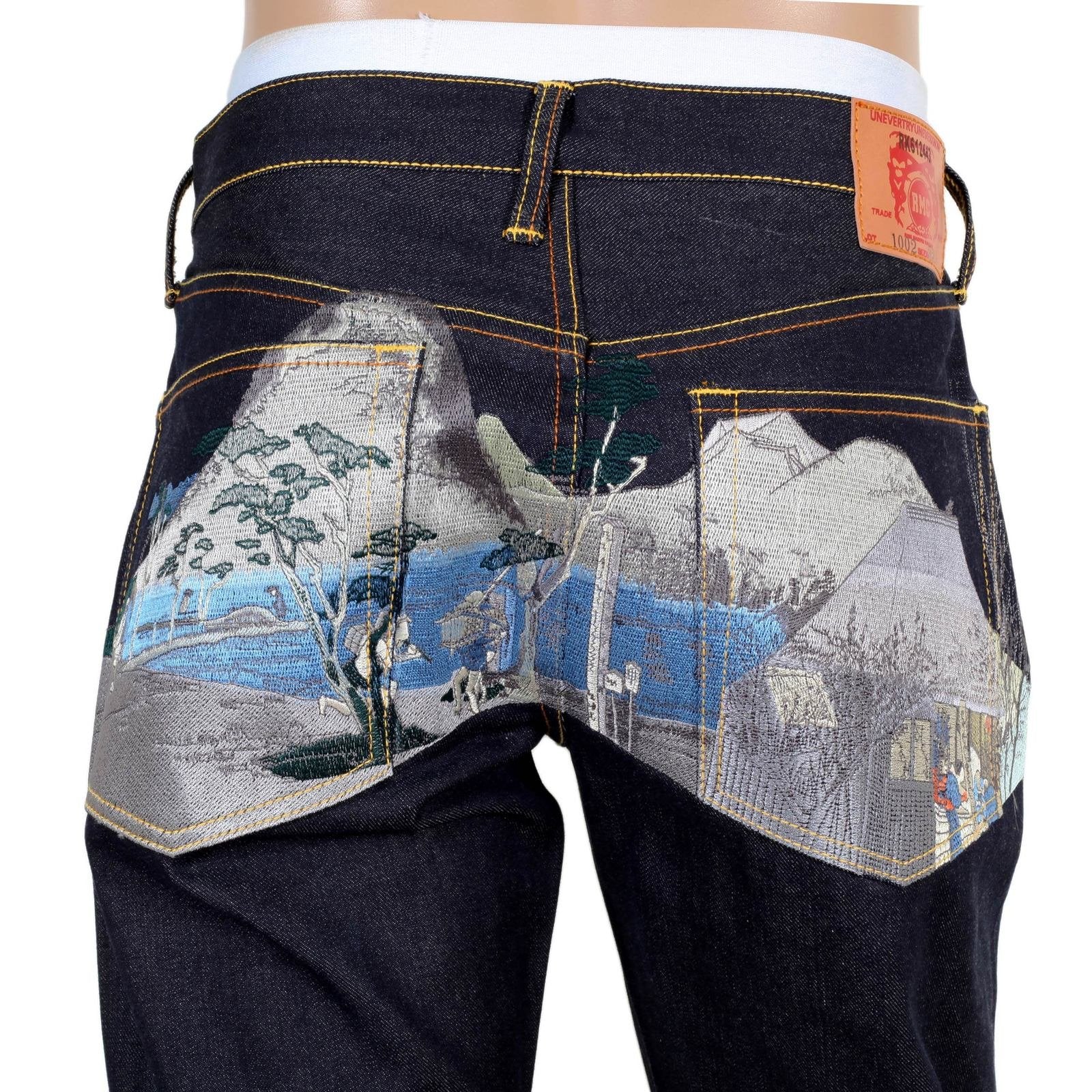 RMC JEANS DARK INDIGO SUPER EXCLUSIVE TOYO STORY TOKAIDO VILLAGE EMBROIDERED VINTAGE RAW SELVEDGE JEANS REDM9080
