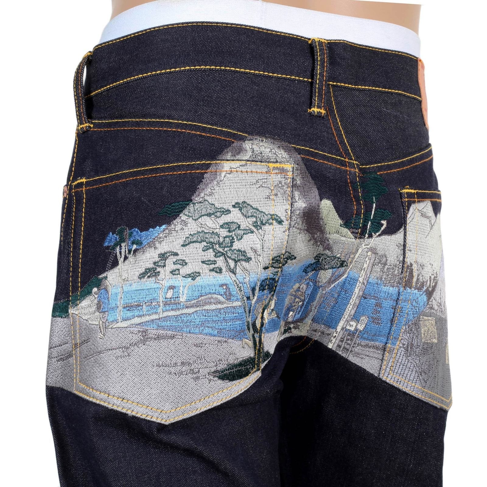 RMC JEANS DARK INDIGO SUPER EXCLUSIVE TOYO STORY TOKAIDO VILLAGE EMBROIDERED VINTAGE RAW SELVEDGE JEANS REDM9080