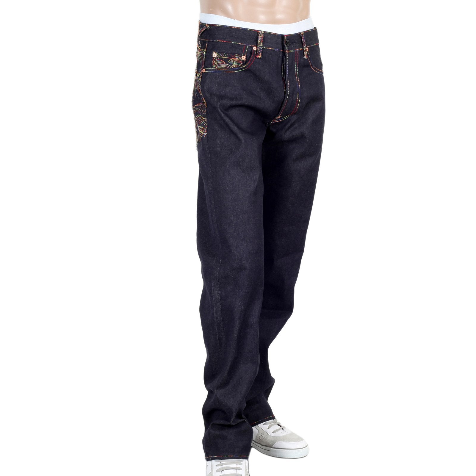 RMC JEANS RAINBOW TSUNAMI EMBROIDERED RAW SELVEDGE VINTAGE 1002 CUT DARK DENIM JEANS REDM0064