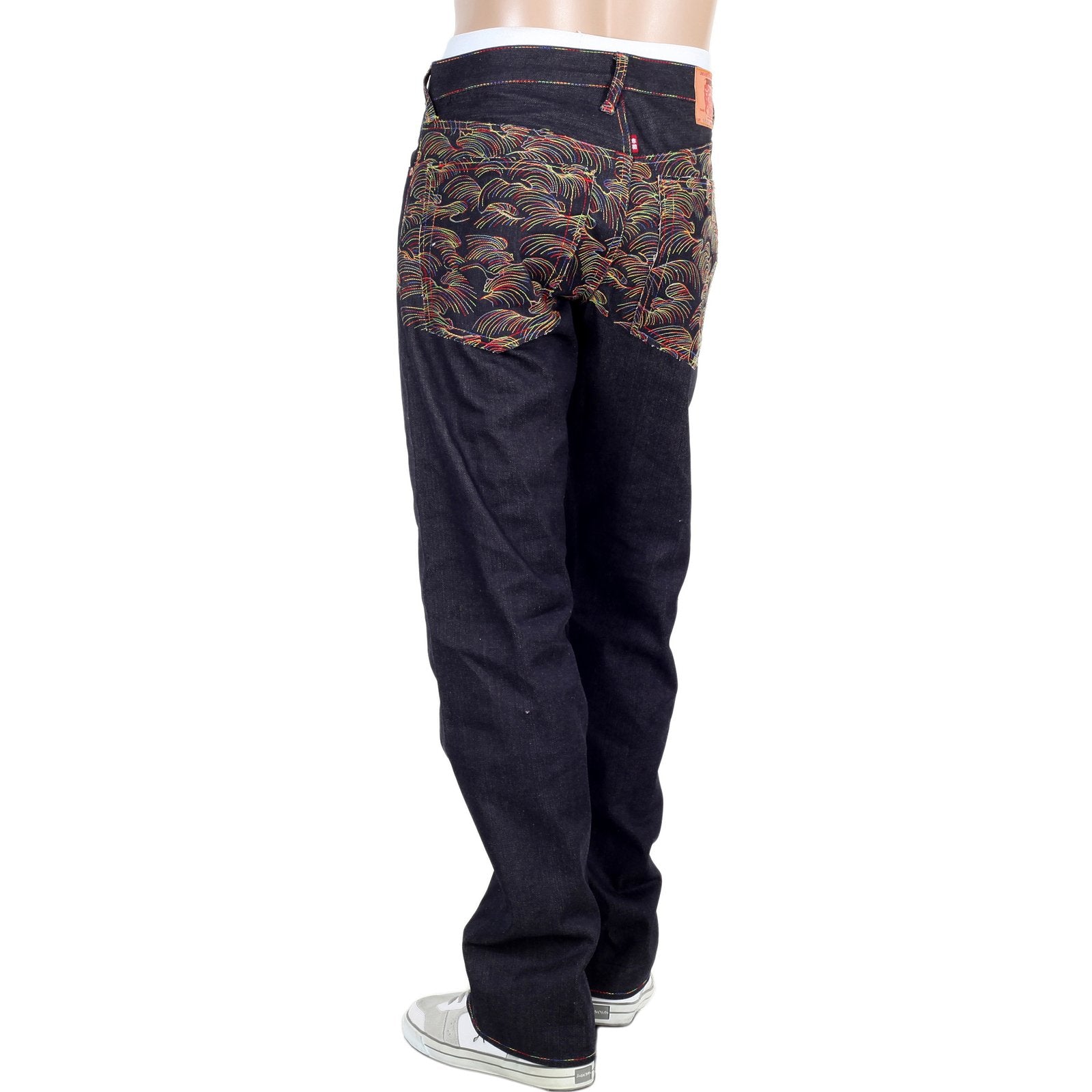 RMC JEANS RAINBOW TSUNAMI EMBROIDERED RAW SELVEDGE VINTAGE 1002 CUT DARK DENIM JEANS REDM0064