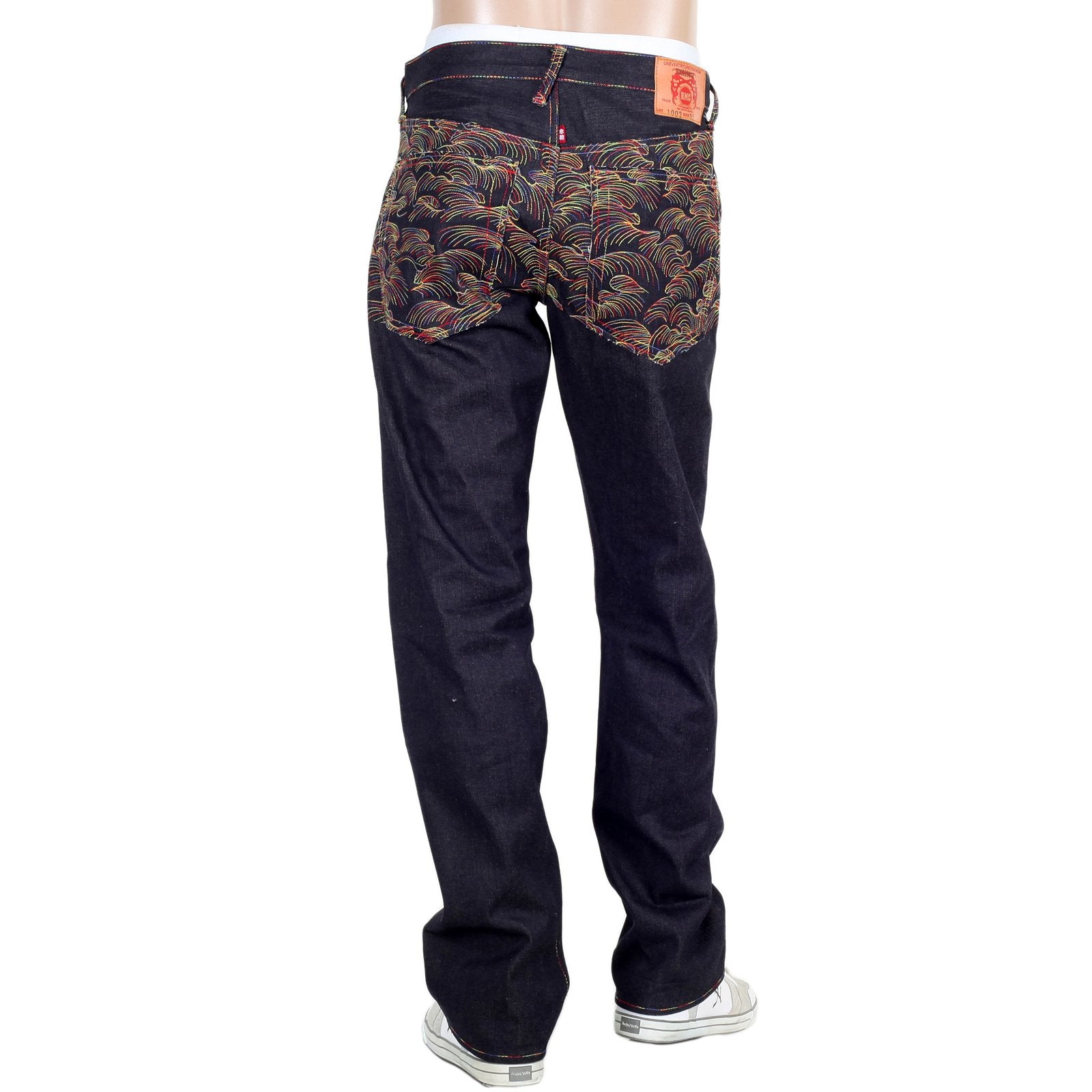 RMC JEANS RAINBOW TSUNAMI EMBROIDERED RAW SELVEDGE VINTAGE 1002 CUT DARK DENIM JEANS REDM0064