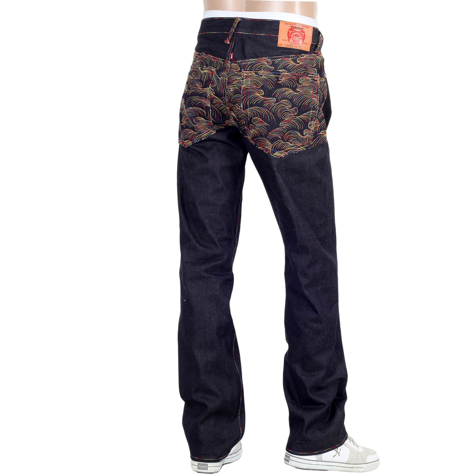 RMC JEANS RAINBOW TSUNAMI EMBROIDERED RAW SELVEDGE VINTAGE 1002 CUT DARK DENIM JEANS REDM0064
