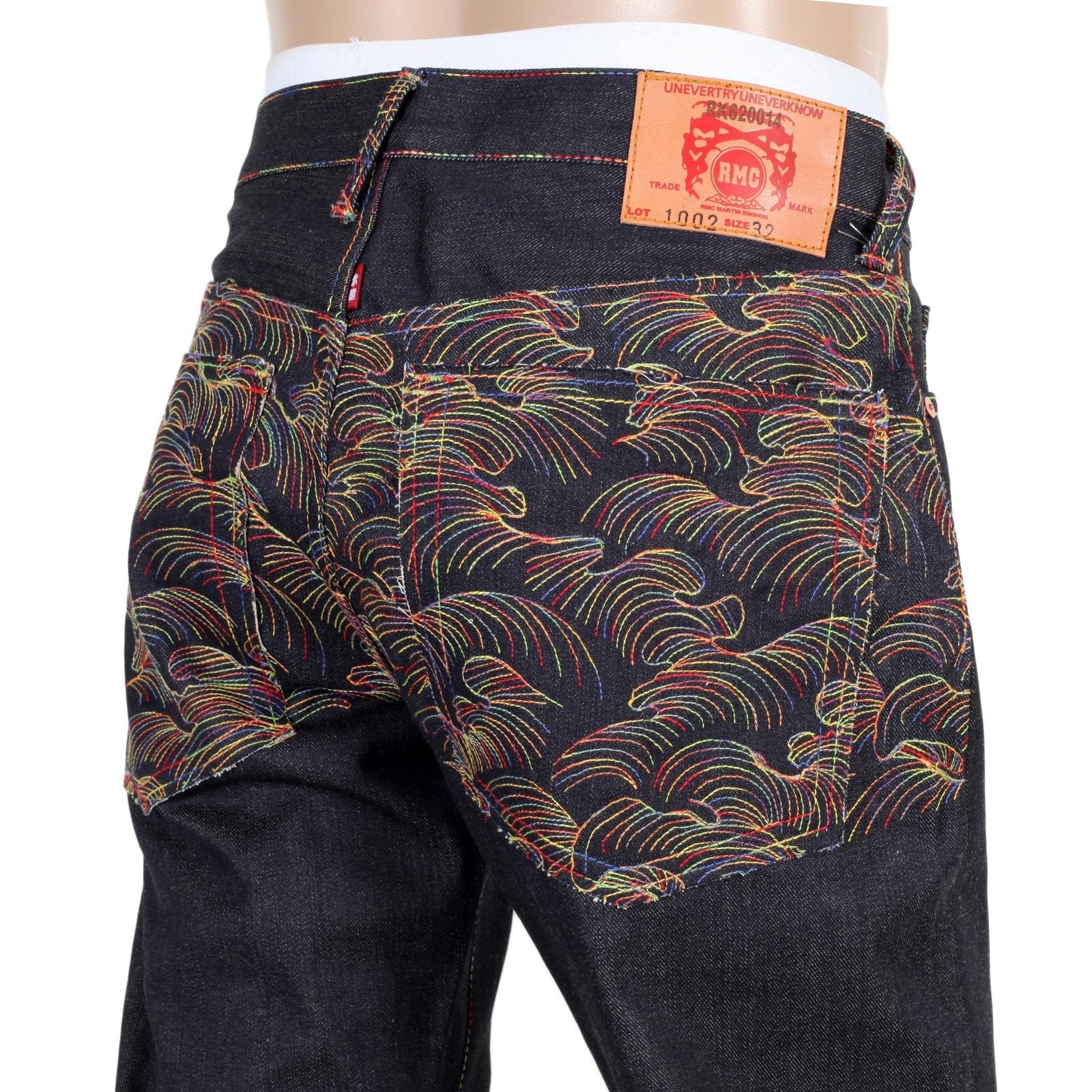 RMC JEANS RAINBOW TSUNAMI EMBROIDERED RAW SELVEDGE VINTAGE 1002 CUT DARK DENIM JEANS REDM0064