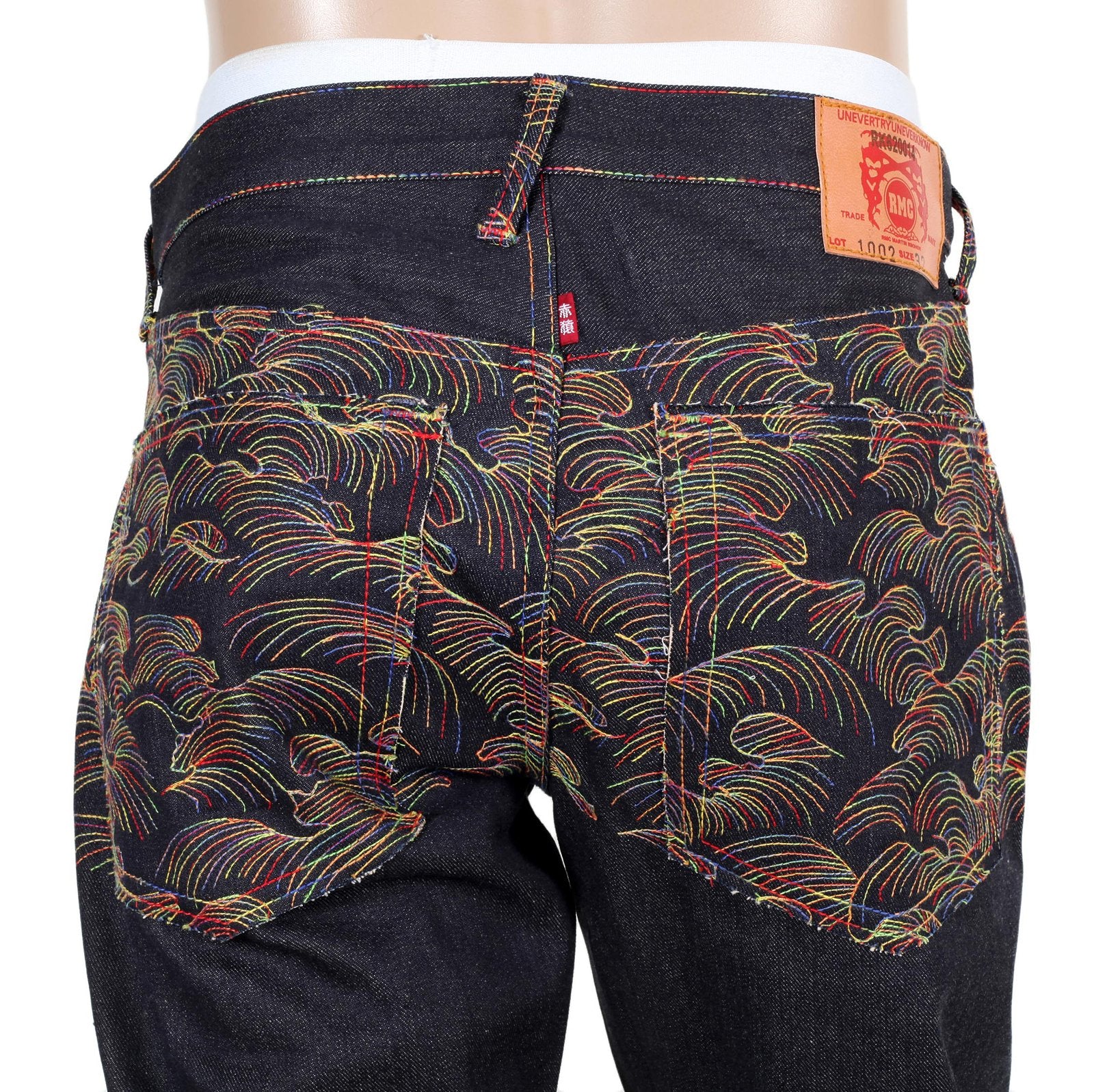 RMC JEANS RAINBOW TSUNAMI EMBROIDERED RAW SELVEDGE VINTAGE 1002 CUT DARK DENIM JEANS REDM0064