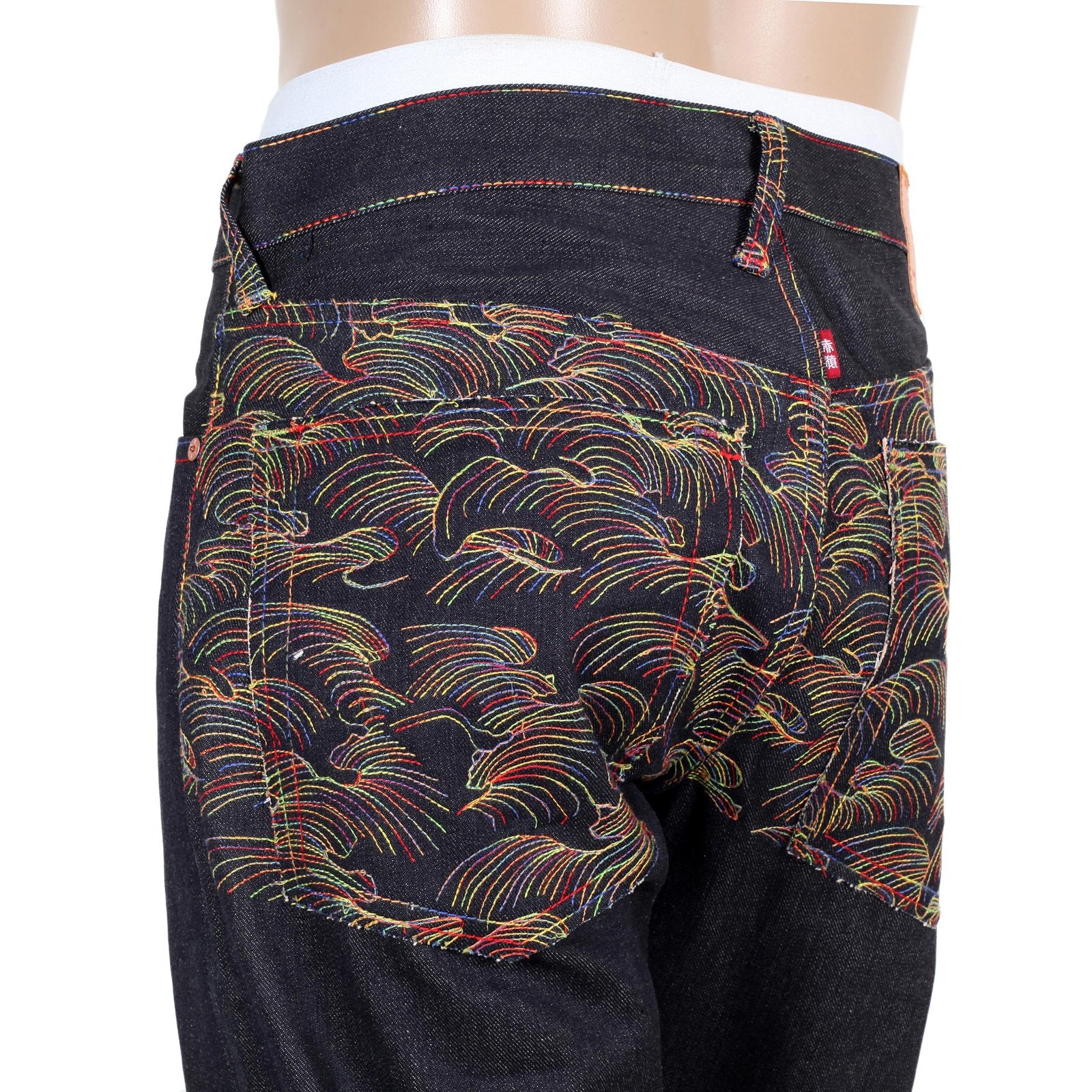 RMC JEANS RAINBOW TSUNAMI EMBROIDERED RAW SELVEDGE VINTAGE 1002 CUT DARK DENIM JEANS REDM0064