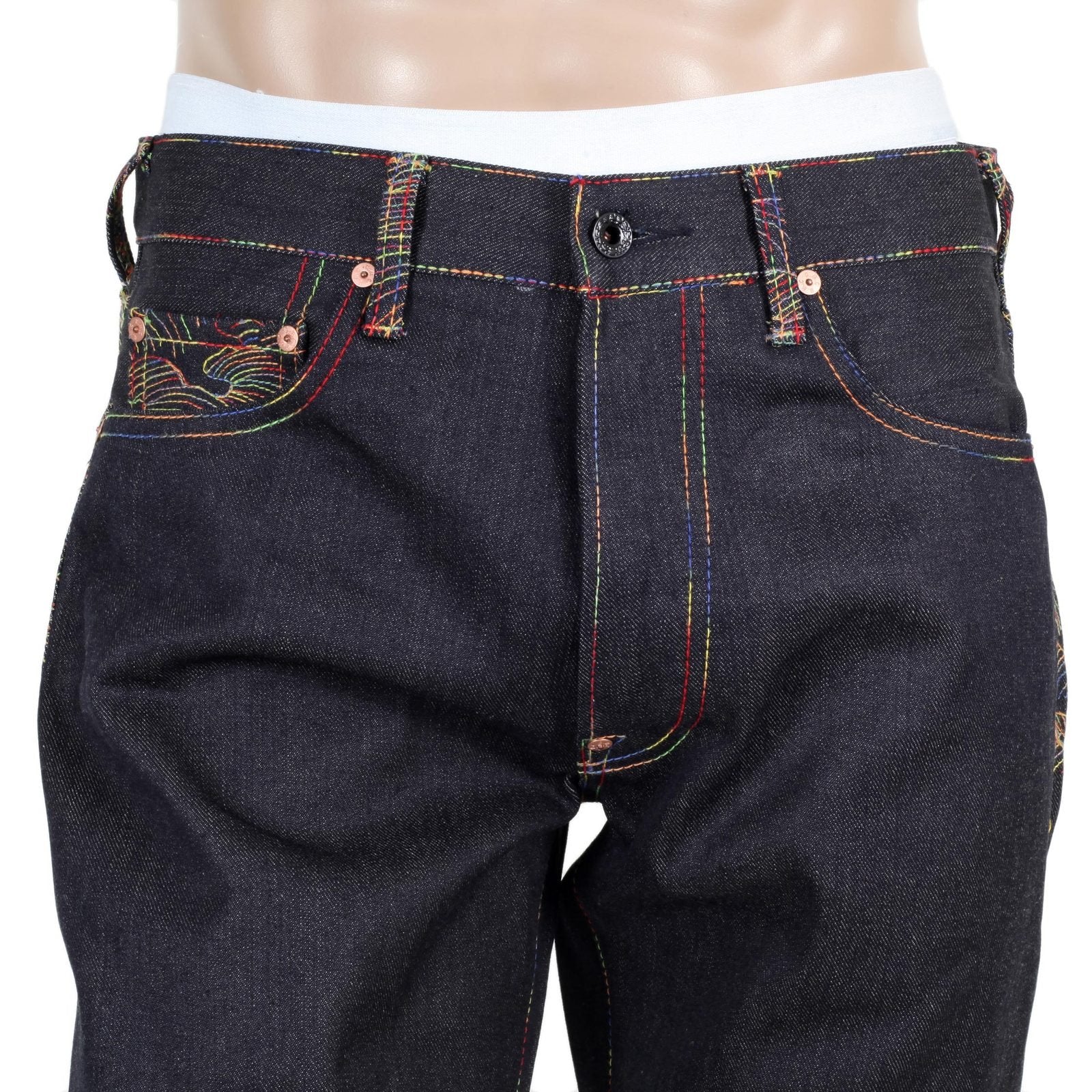 RMC JEANS RAINBOW TSUNAMI EMBROIDERED RAW SELVEDGE VINTAGE 1002 CUT DARK DENIM JEANS REDM0064