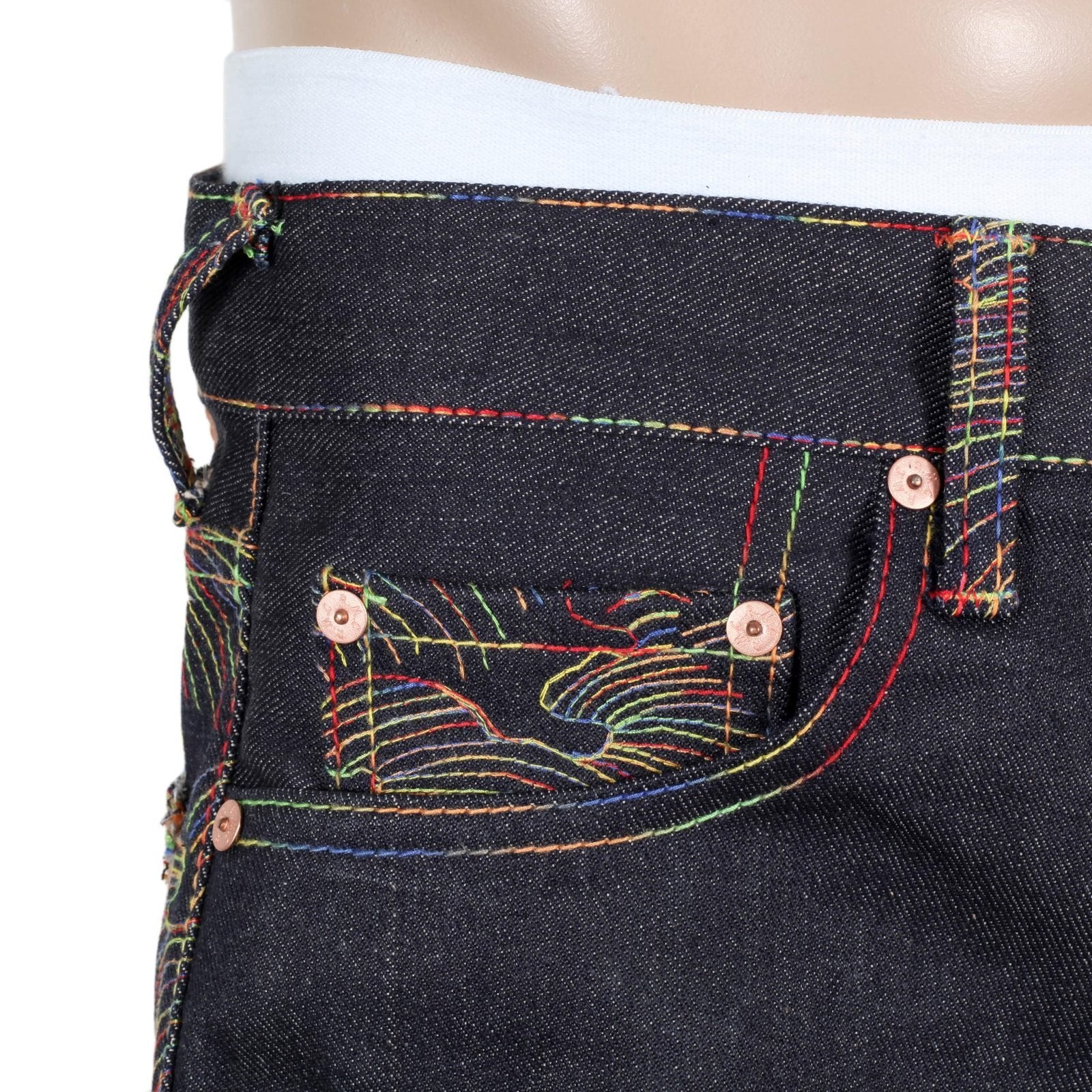 RMC JEANS RAINBOW TSUNAMI EMBROIDERED RAW SELVEDGE VINTAGE 1002 CUT DARK DENIM JEANS REDM0064