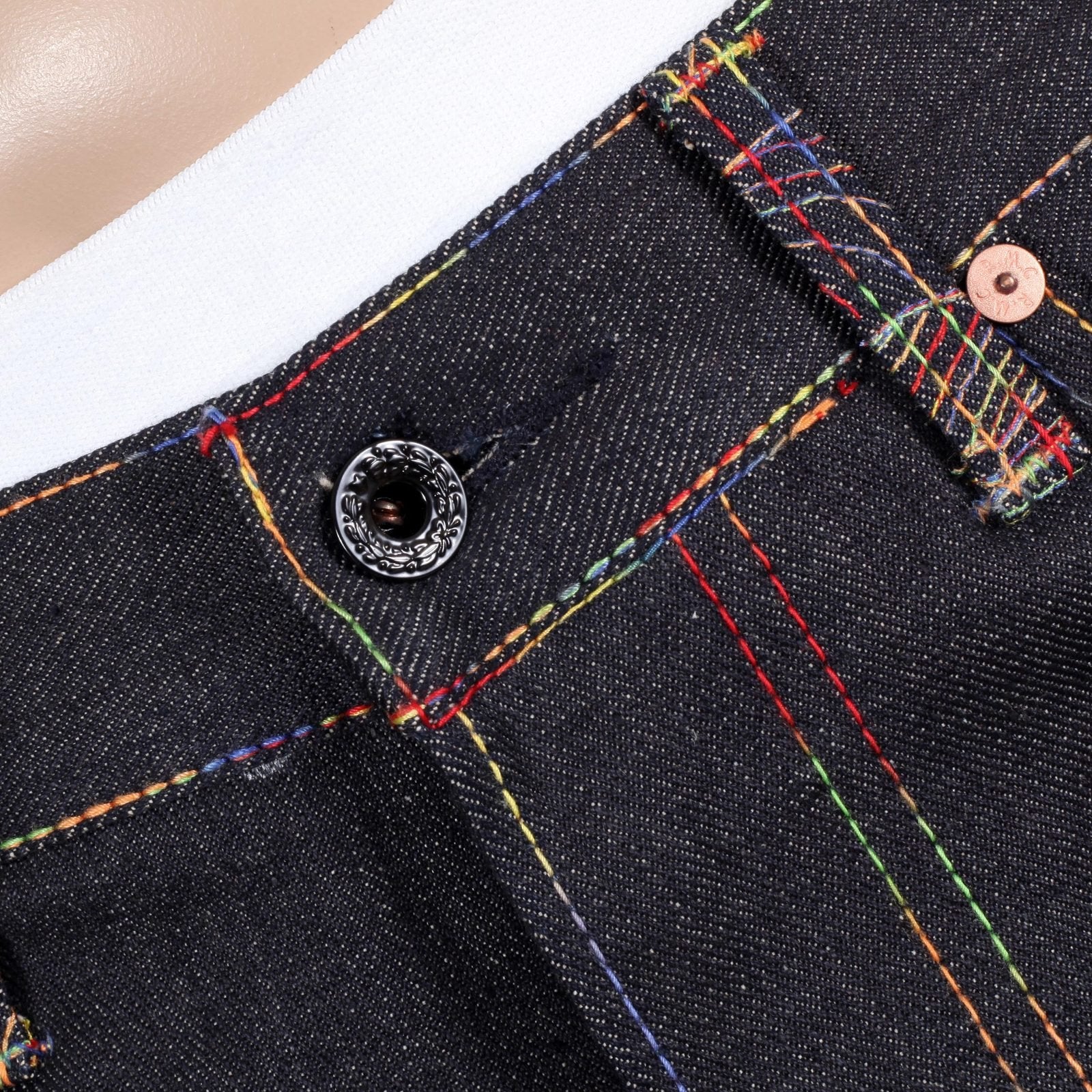 RMC JEANS RAINBOW TSUNAMI EMBROIDERED RAW SELVEDGE VINTAGE 1002 CUT DARK DENIM JEANS REDM0064