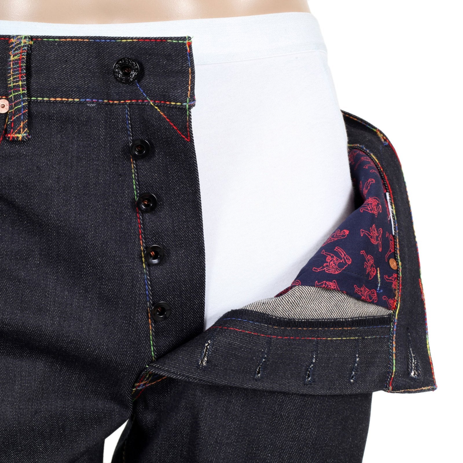RMC JEANS RAINBOW TSUNAMI EMBROIDERED RAW SELVEDGE VINTAGE 1002 CUT DARK DENIM JEANS REDM0064