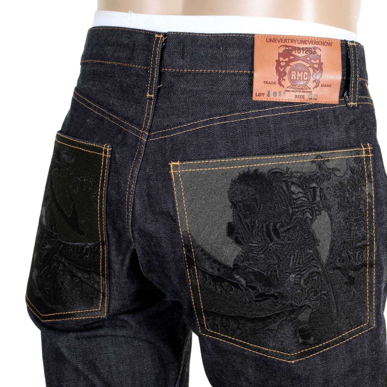 RMC MARTIN KSOHOH 1011 SLIM INDIGO BLACK BUSHI EMBROIDERED RAW SELVEDGE JEANS FOR MEN RMC2755
