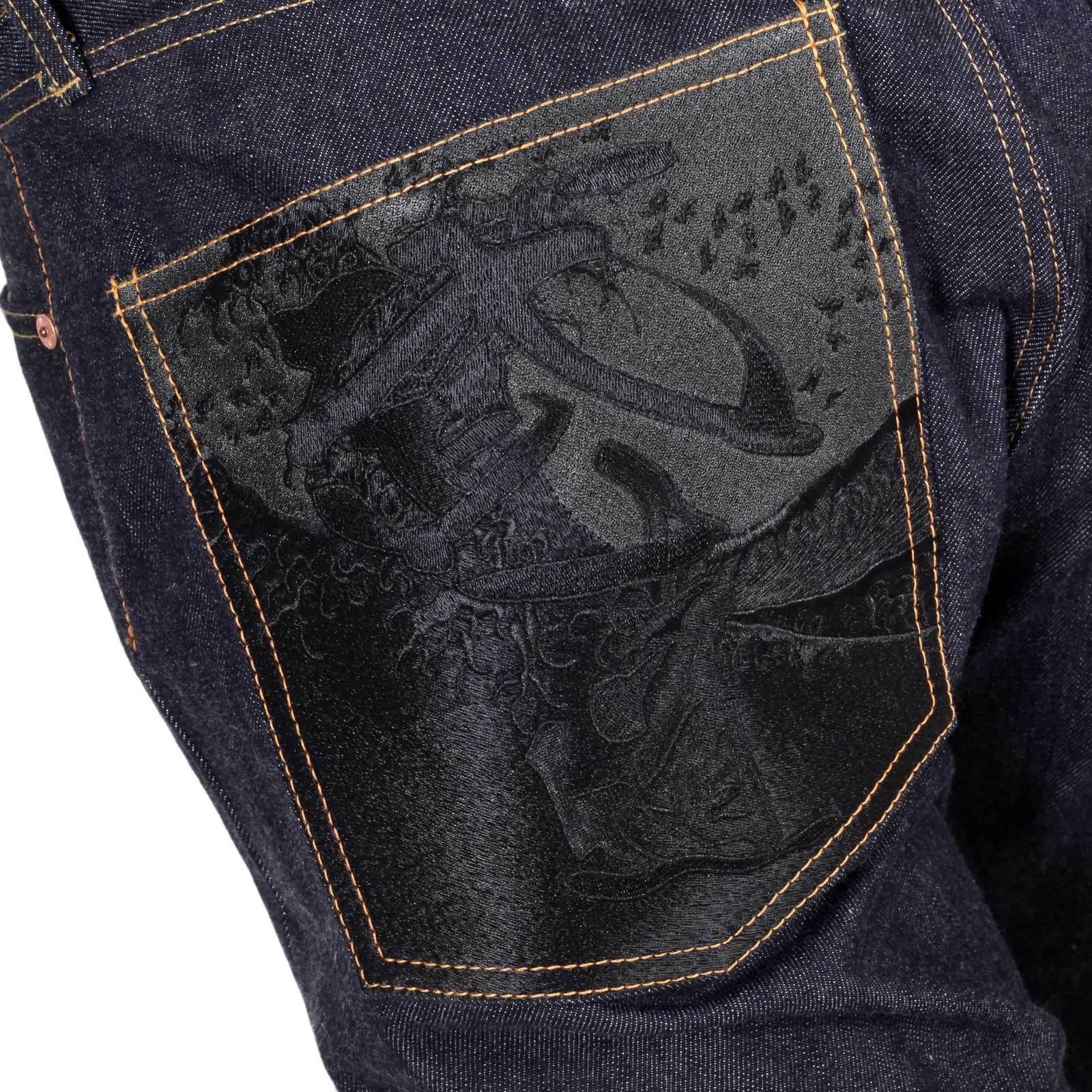 RMC MARTIN KSOHOH 1011 SLIM INDIGO BLACK BUSHI EMBROIDERED RAW SELVEDGE JEANS FOR MEN RMC2755