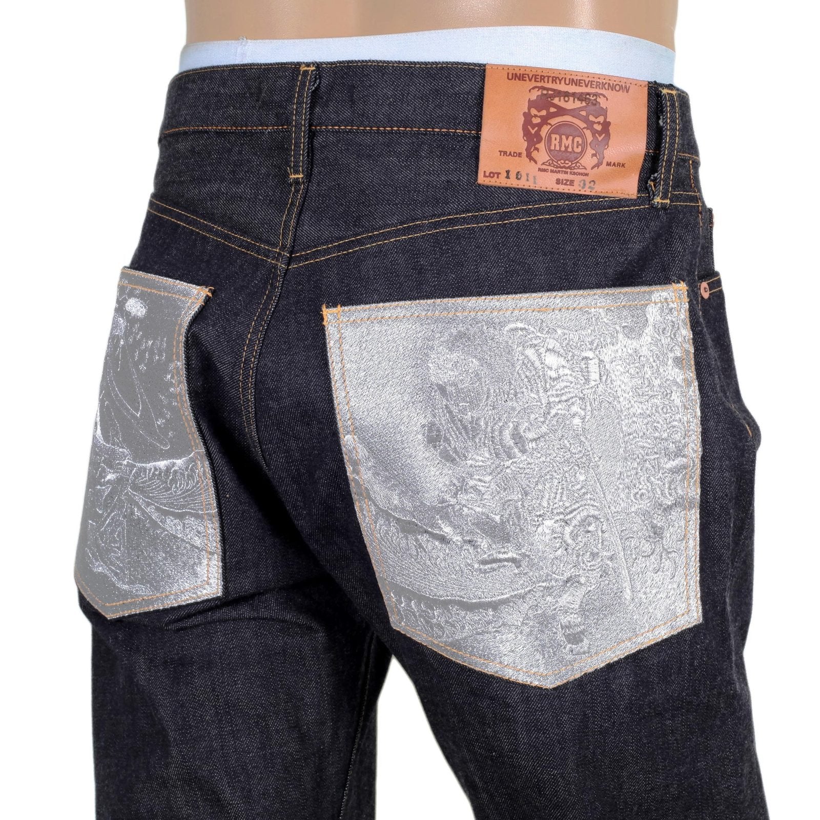 RMC MARTIN KSOHOH JAPANESE RAW SELVEDGE 1011 SLIM FIT SILVER BUSHI EMBROIDERED DENIM JEANS RMC2759
