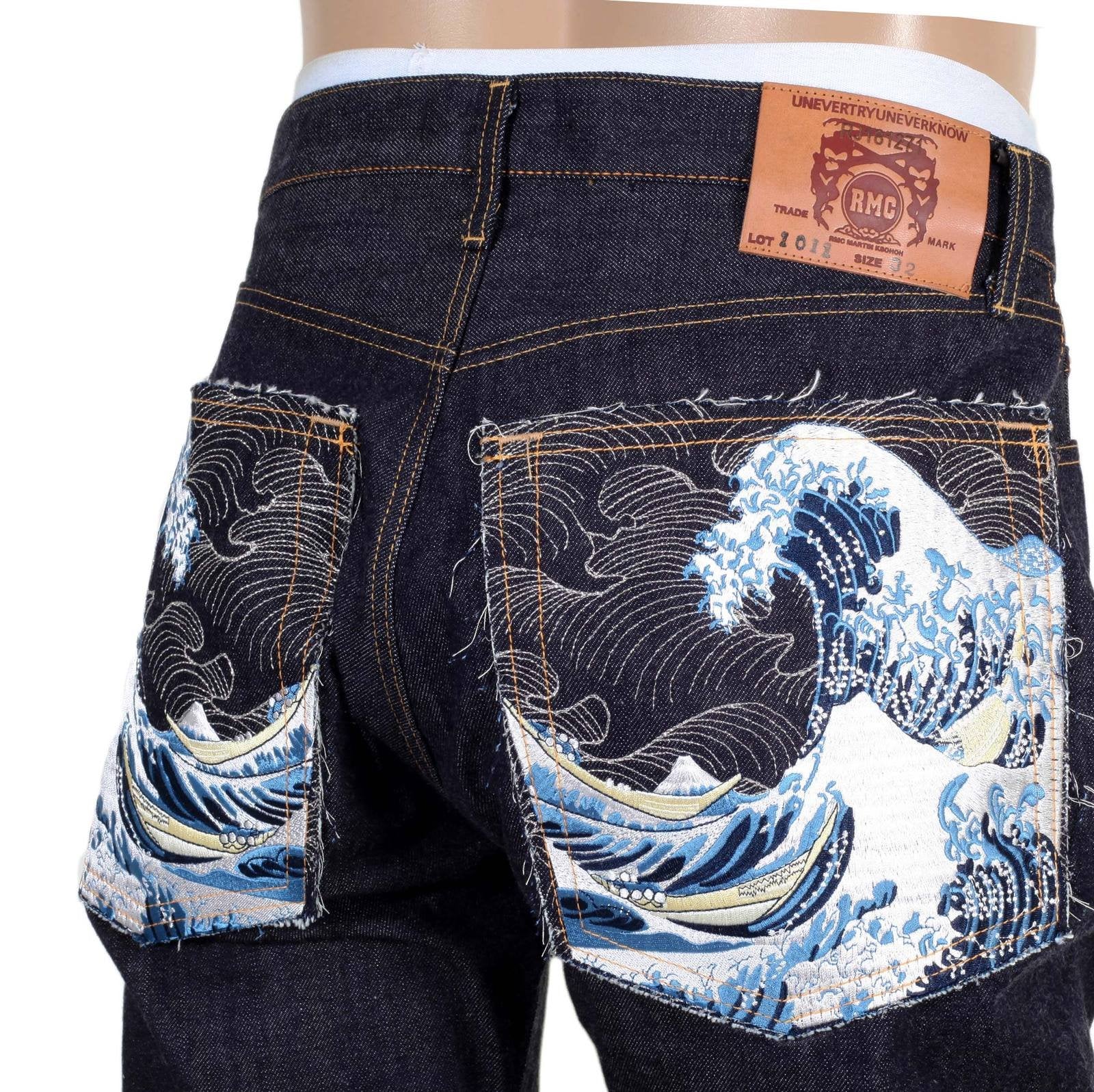 RINSED SLIM FIT TOYO TSUNAMI 1011 INDIGO JAPANESE SELVEDGE EMBROIDERED DENIM JEANS RMC2741