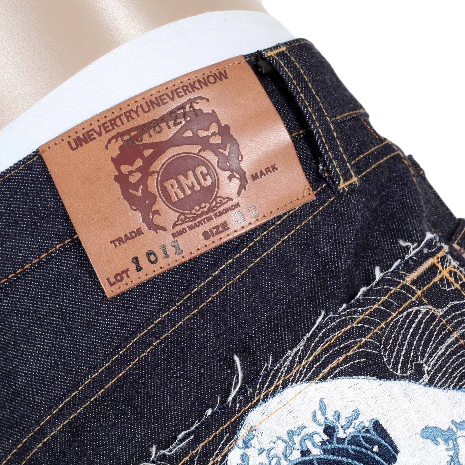 RINSED SLIM FIT TOYO TSUNAMI 1011 INDIGO JAPANESE SELVEDGE EMBROIDERED DENIM JEANS RMC2741