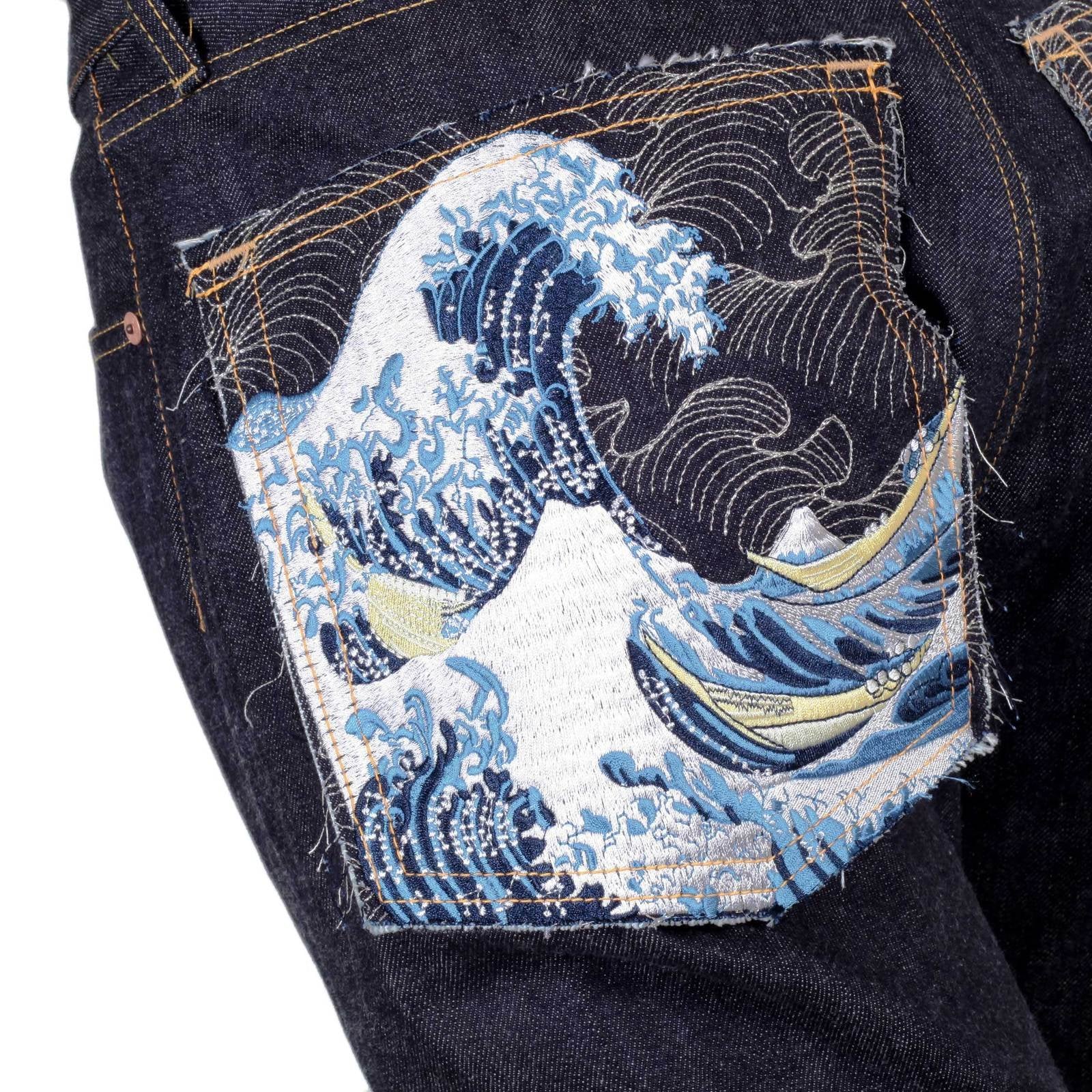 RINSED SLIM FIT TOYO TSUNAMI 1011 INDIGO JAPANESE SELVEDGE EMBROIDERED DENIM JEANS RMC2741