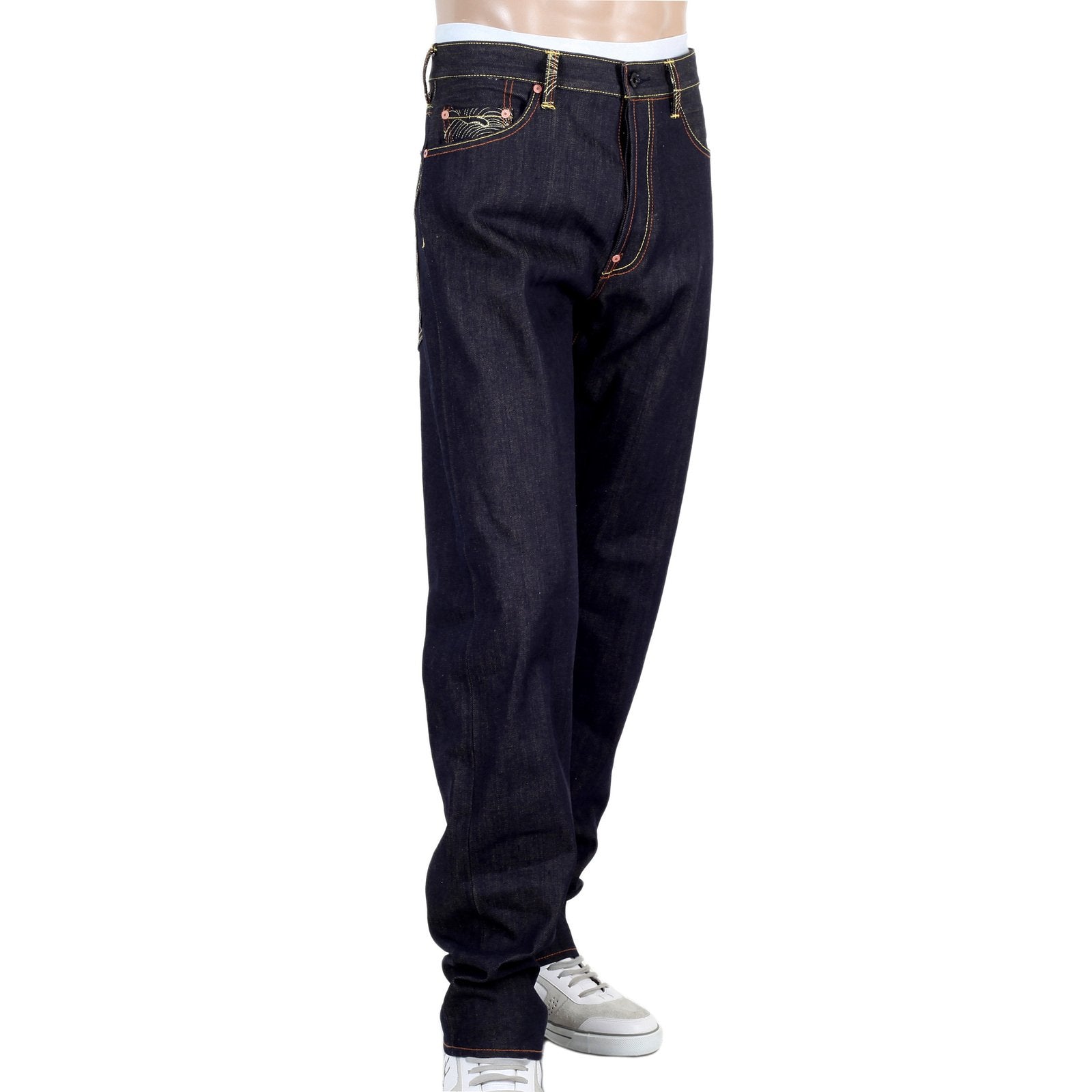 RMC MODEL 1001 UNDERGROUND GB MENS RAW JAPANESE SELVEDGE SKULL EMBROIDERED DARK INDIGO DENIM JEANS RMC2989