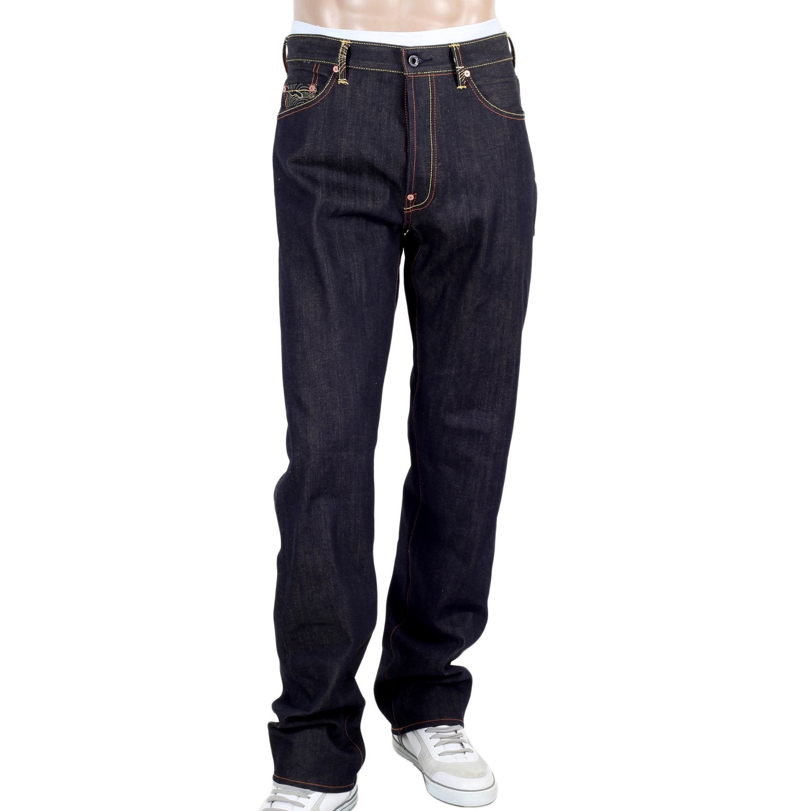 RMC MODEL 1001 UNDERGROUND GB MENS RAW JAPANESE SELVEDGE SKULL EMBROIDERED DARK INDIGO DENIM JEANS RMC2989