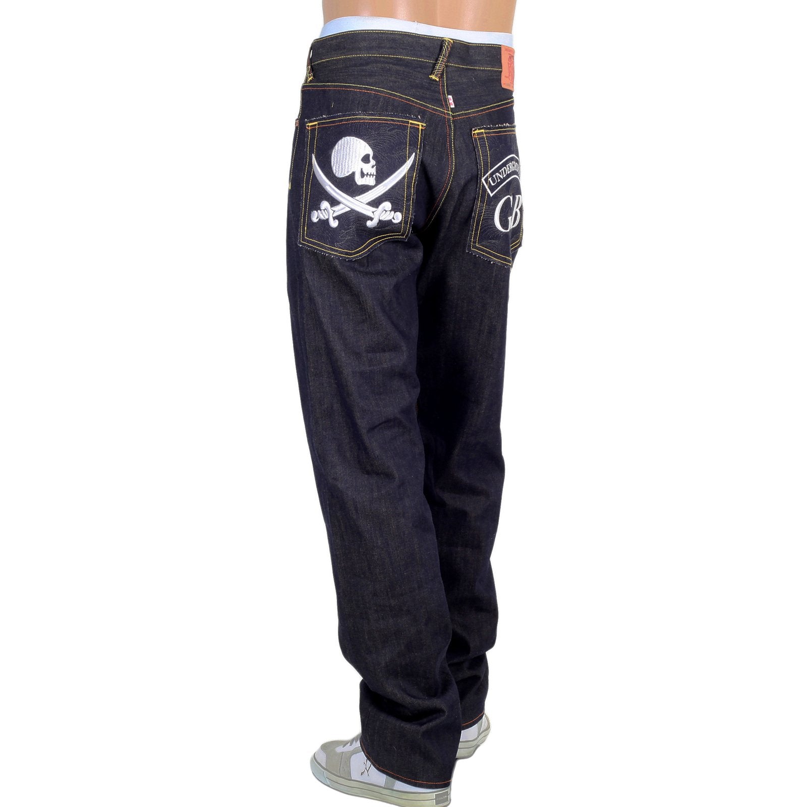 RMC MODEL 1001 UNDERGROUND GB MENS RAW JAPANESE SELVEDGE SKULL EMBROIDERED DARK INDIGO DENIM JEANS RMC2989