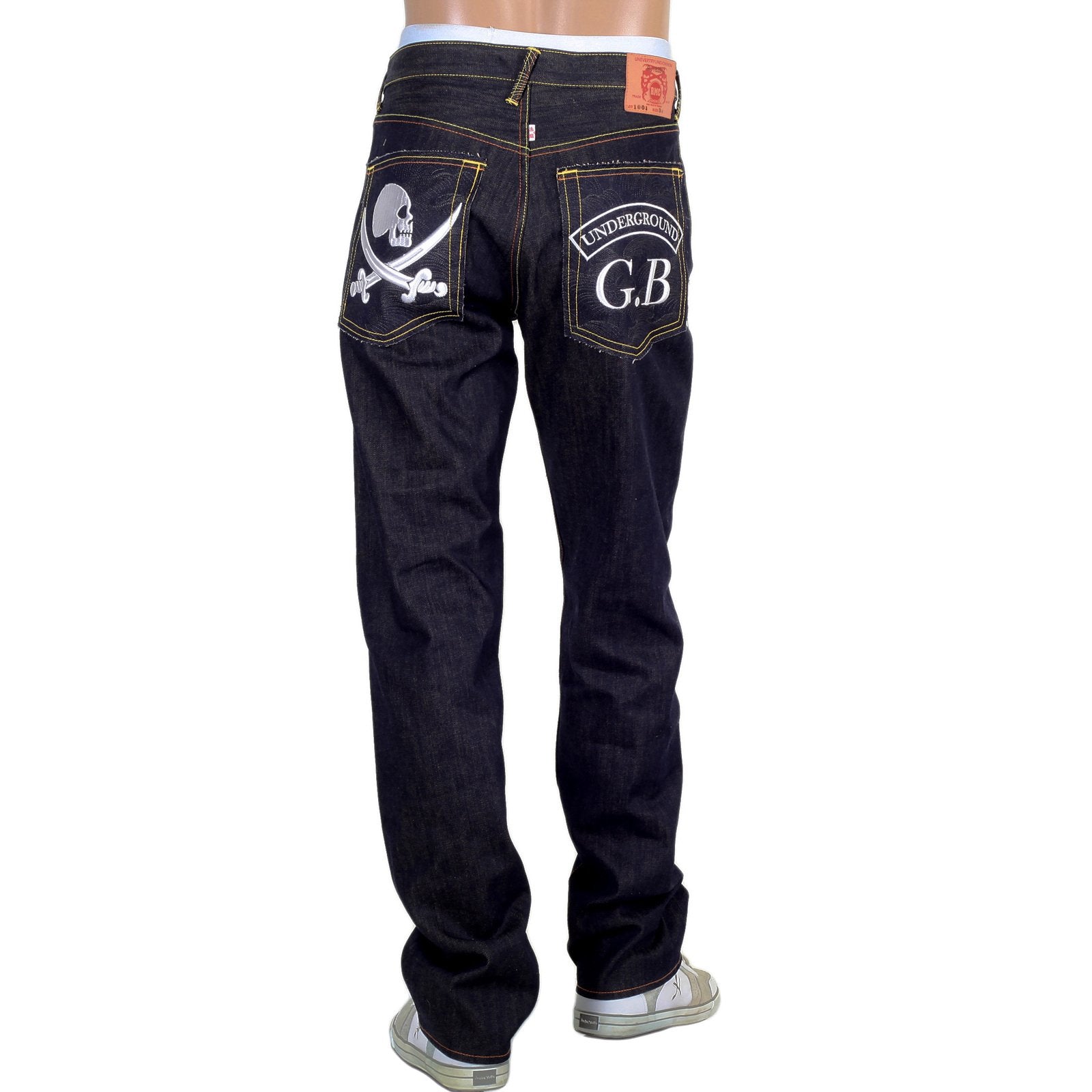 RMC MODEL 1001 UNDERGROUND GB MENS RAW JAPANESE SELVEDGE SKULL EMBROIDERED DARK INDIGO DENIM JEANS RMC2989