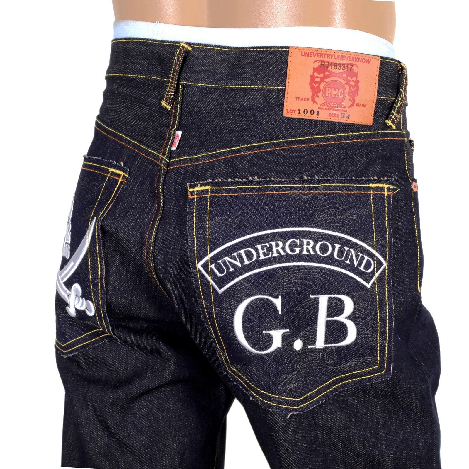 RMC MODEL 1001 UNDERGROUND GB MENS RAW JAPANESE SELVEDGE SKULL EMBROIDERED DARK INDIGO DENIM JEANS RMC2989