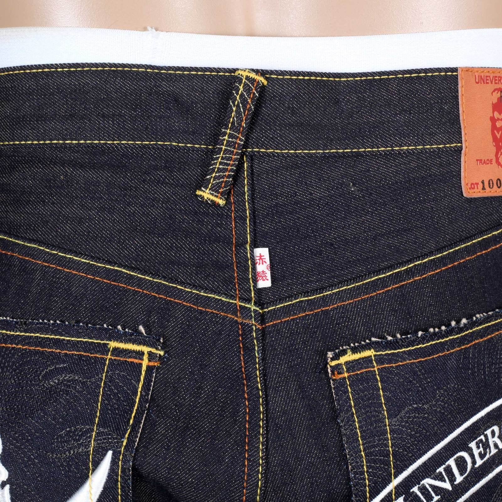 RMC MODEL 1001 UNDERGROUND GB MENS RAW JAPANESE SELVEDGE SKULL EMBROIDERED DARK INDIGO DENIM JEANS RMC2989