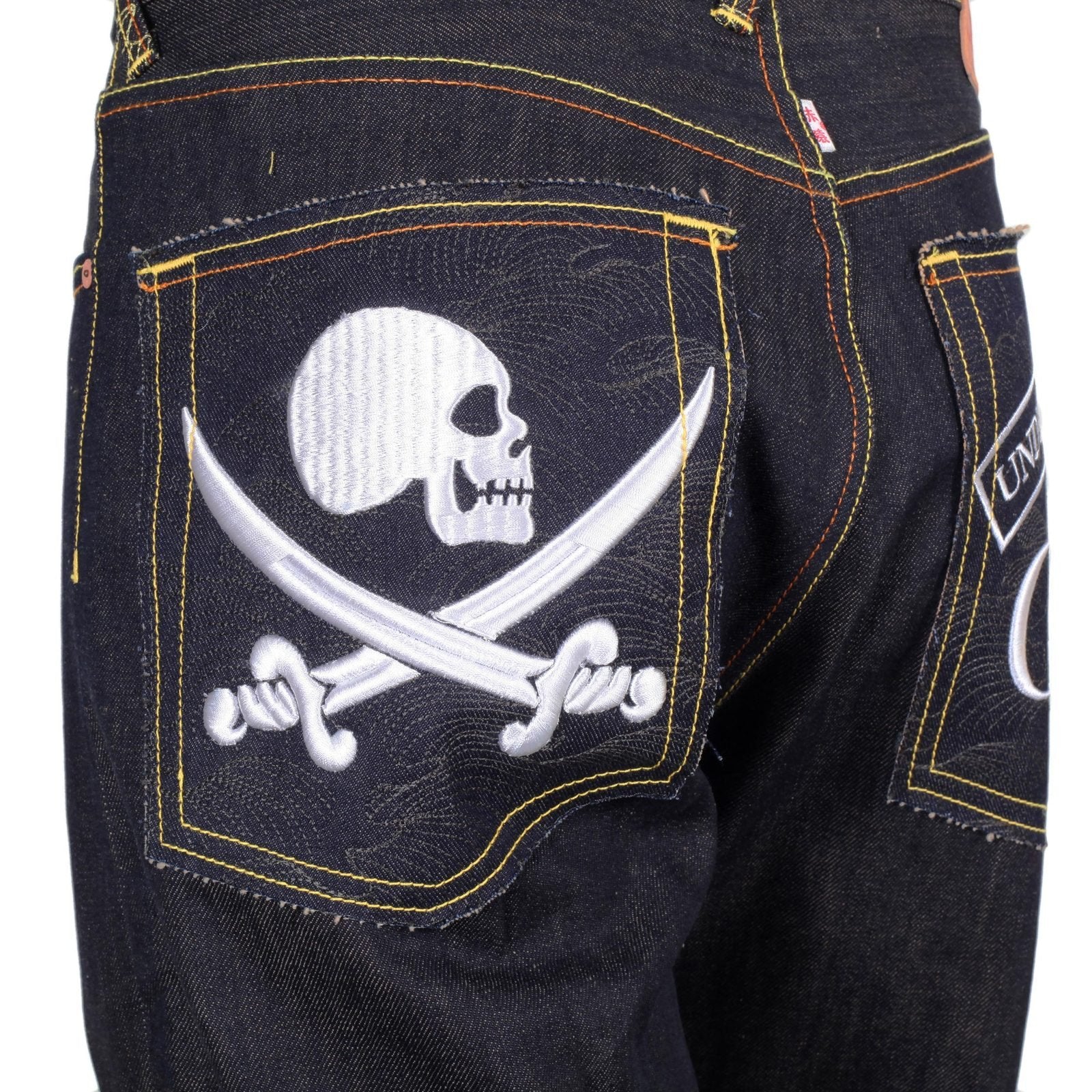 RMC MODEL 1001 UNDERGROUND GB MENS RAW JAPANESE SELVEDGE SKULL EMBROIDERED DARK INDIGO DENIM JEANS RMC2989