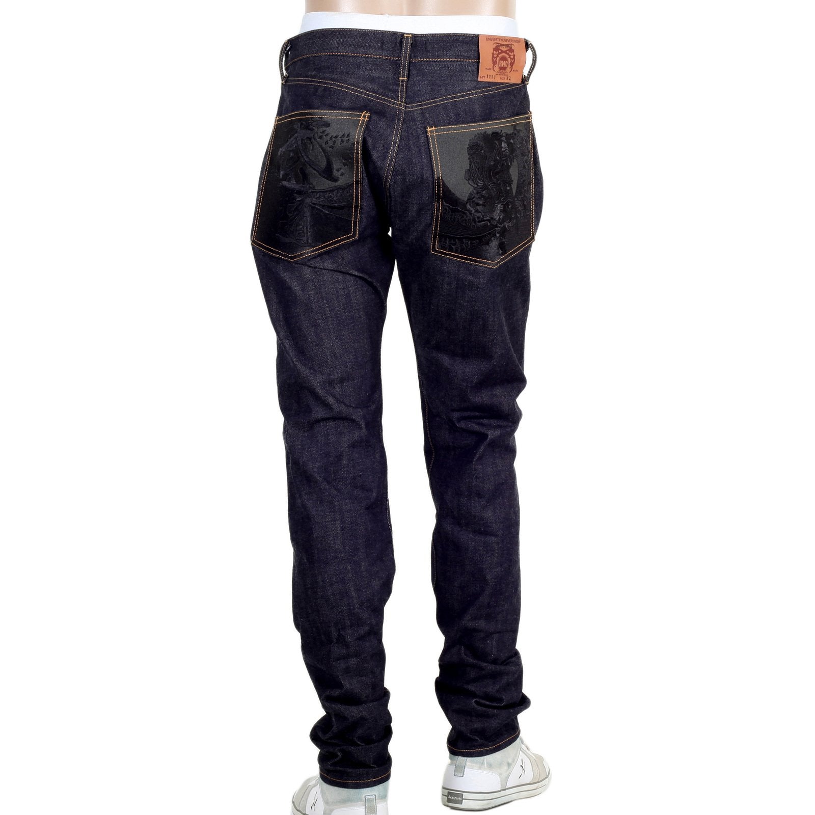 RMC INDIGO RAW RED LINE 1111 MODEL INDIGO SELVEDGE DENIM JEANS WITH BLACK BUSHI EMBROIDERY RMC2767
