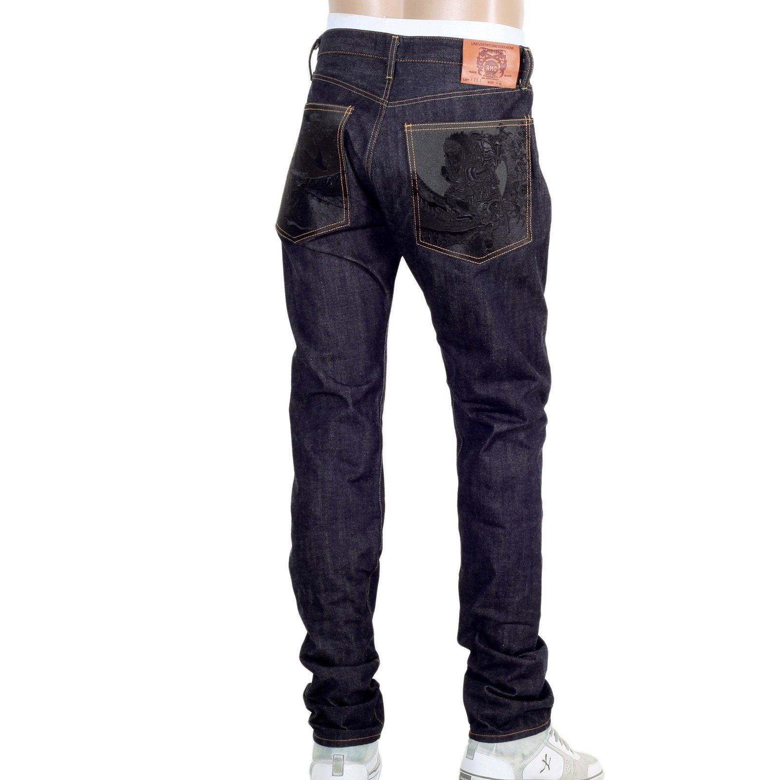 RMC INDIGO RAW RED LINE 1111 MODEL INDIGO SELVEDGE DENIM JEANS WITH BLACK BUSHI EMBROIDERY RMC2767