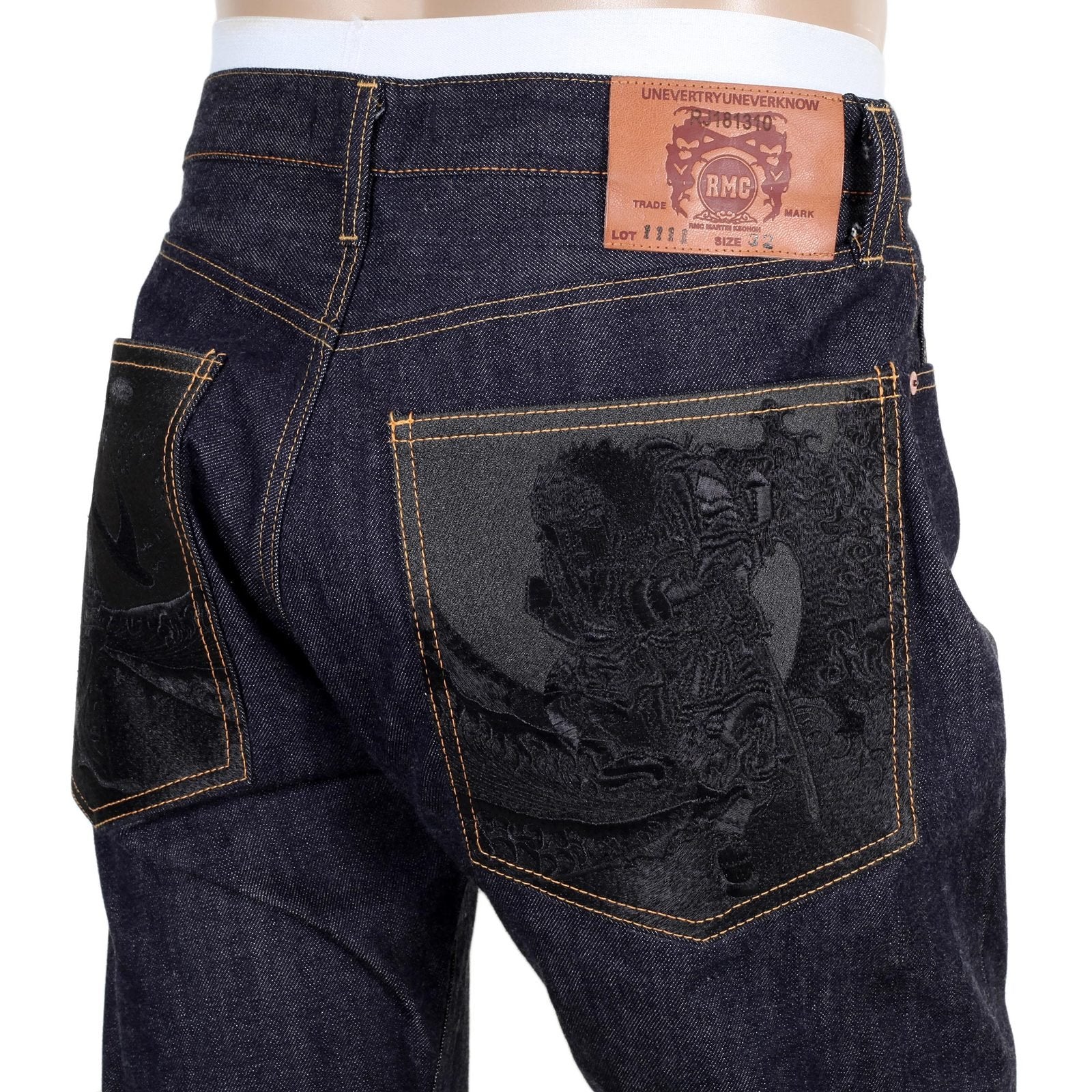 RMC INDIGO RAW RED LINE 1111 MODEL INDIGO SELVEDGE DENIM JEANS WITH BLACK BUSHI EMBROIDERY RMC2767