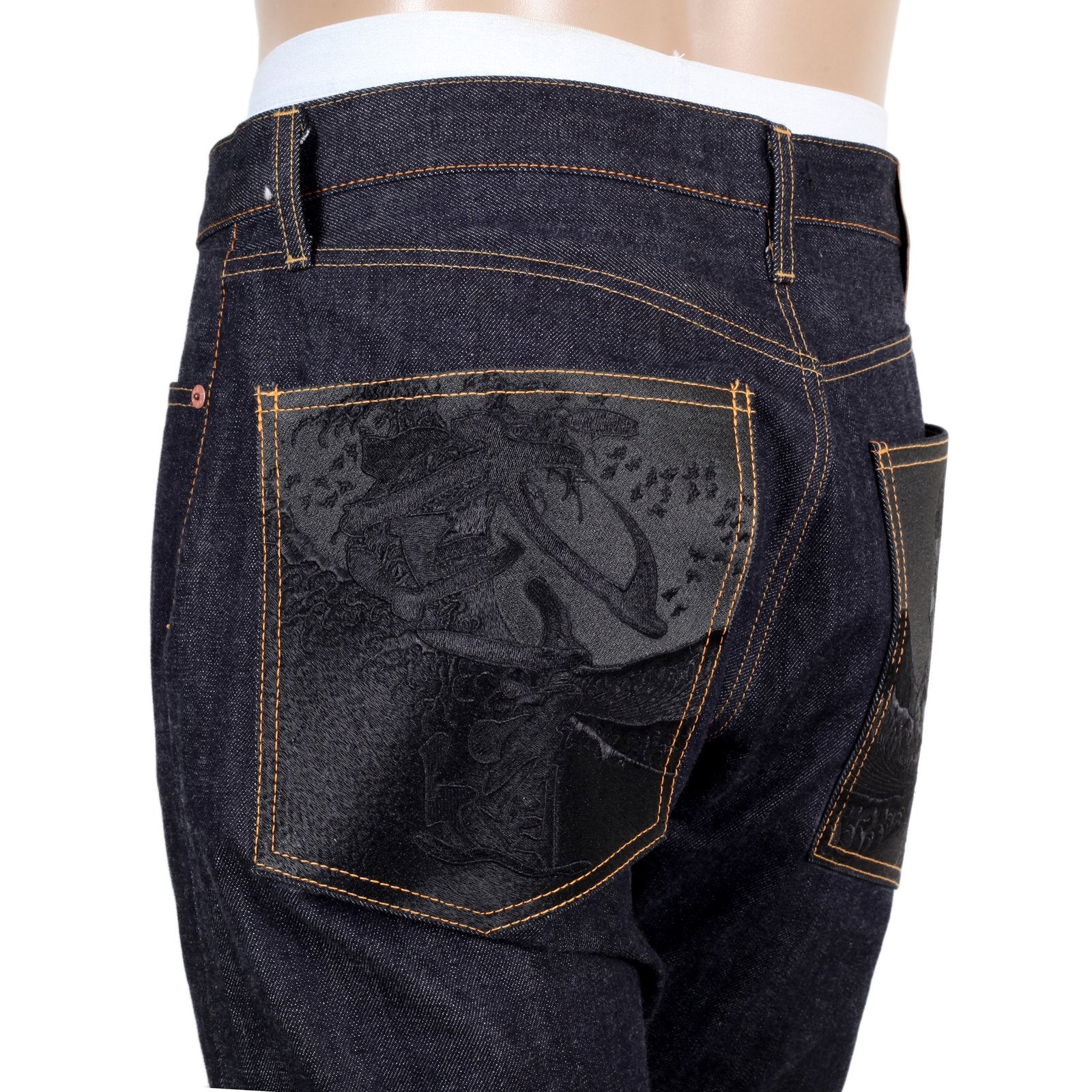 RMC INDIGO RAW RED LINE 1111 MODEL INDIGO SELVEDGE DENIM JEANS WITH BLACK BUSHI EMBROIDERY RMC2767