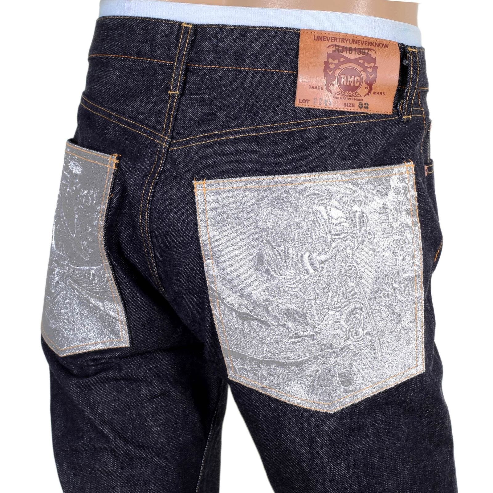 RMC MARTIN KSOHOH INDIGO SELVEDGE SLIM FIT 1111 MODEL EMBROIDERED SILVER BUSHI RAW DENIM JEANS RMC2772